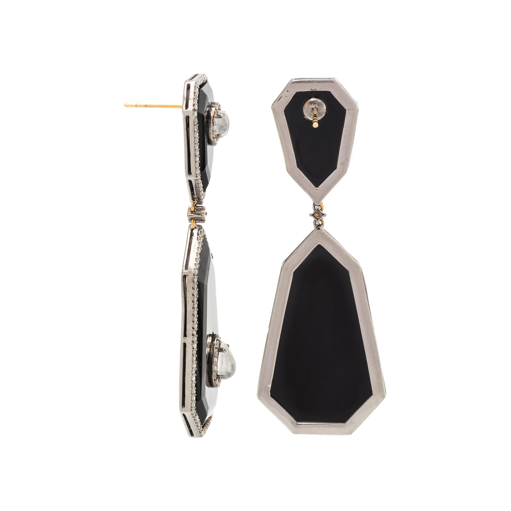 BLACK ONYX, MOONSTONE AND DIAMOND EARRINGS