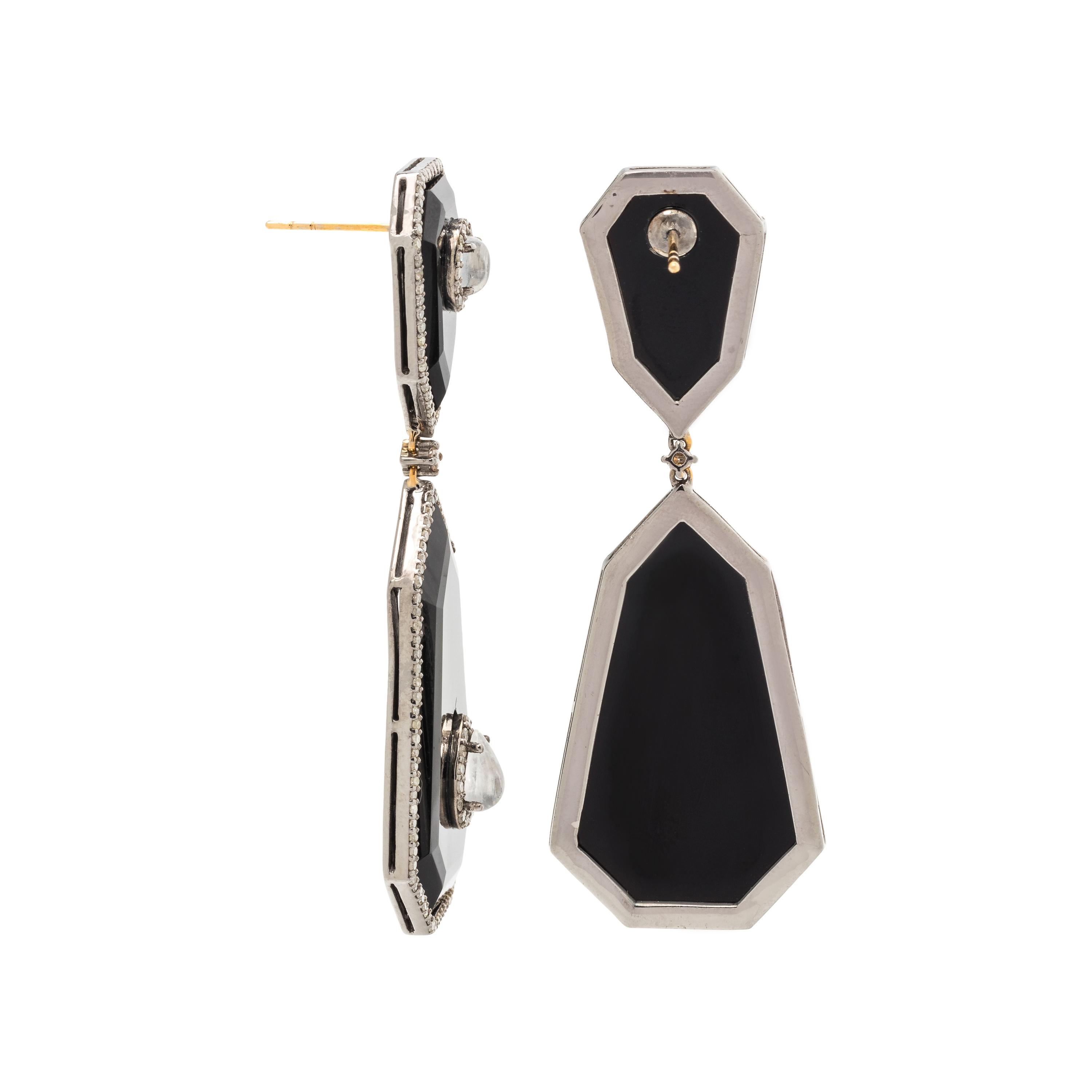 BLACK ONYX, MOONSTONE AND DIAMOND EARRINGS