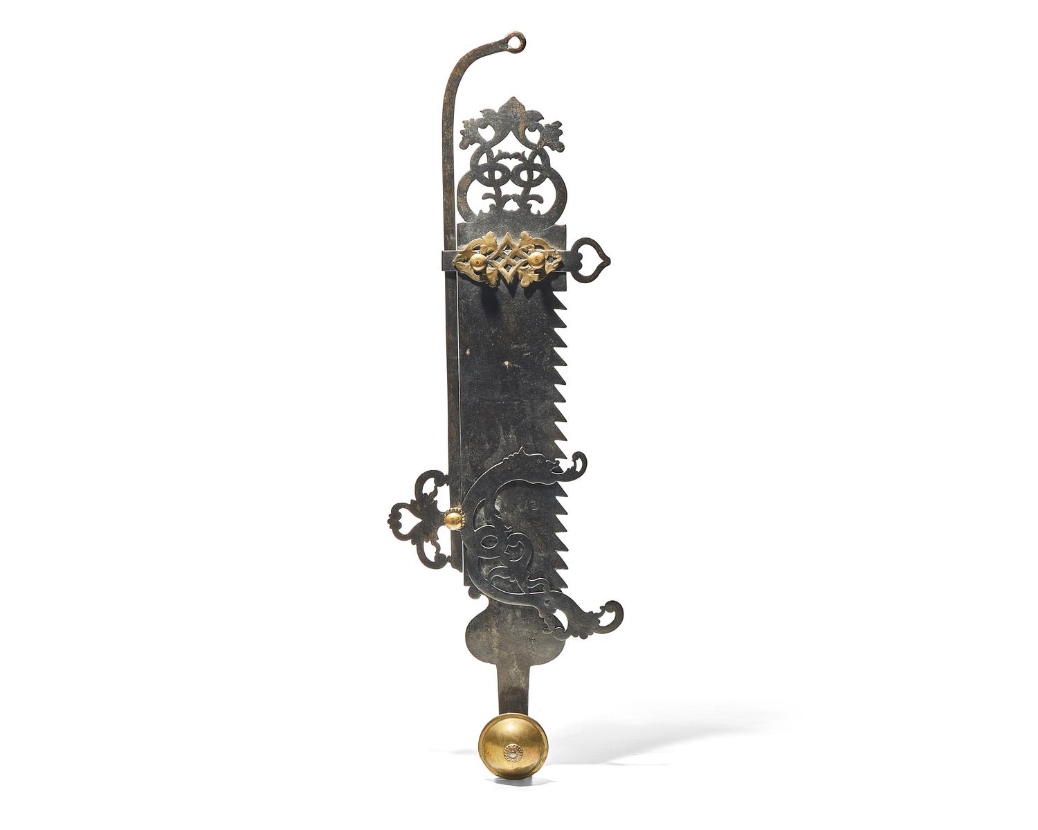 An Elaborate Wrought Iron and Brass Fireplace Trammel, Northern European, Dated "1712"