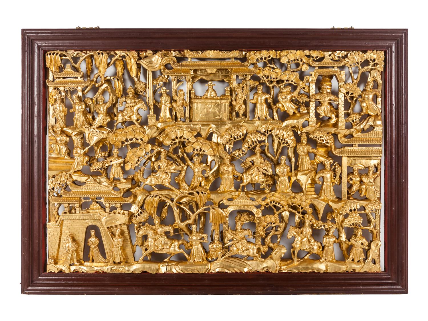 A Chinese Export Pierce Carved Giltwood Panel