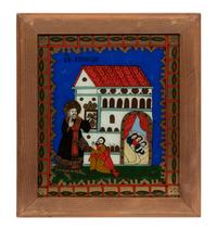 A Romanian Reverse-Painted Glass Ecclesiastical Panel