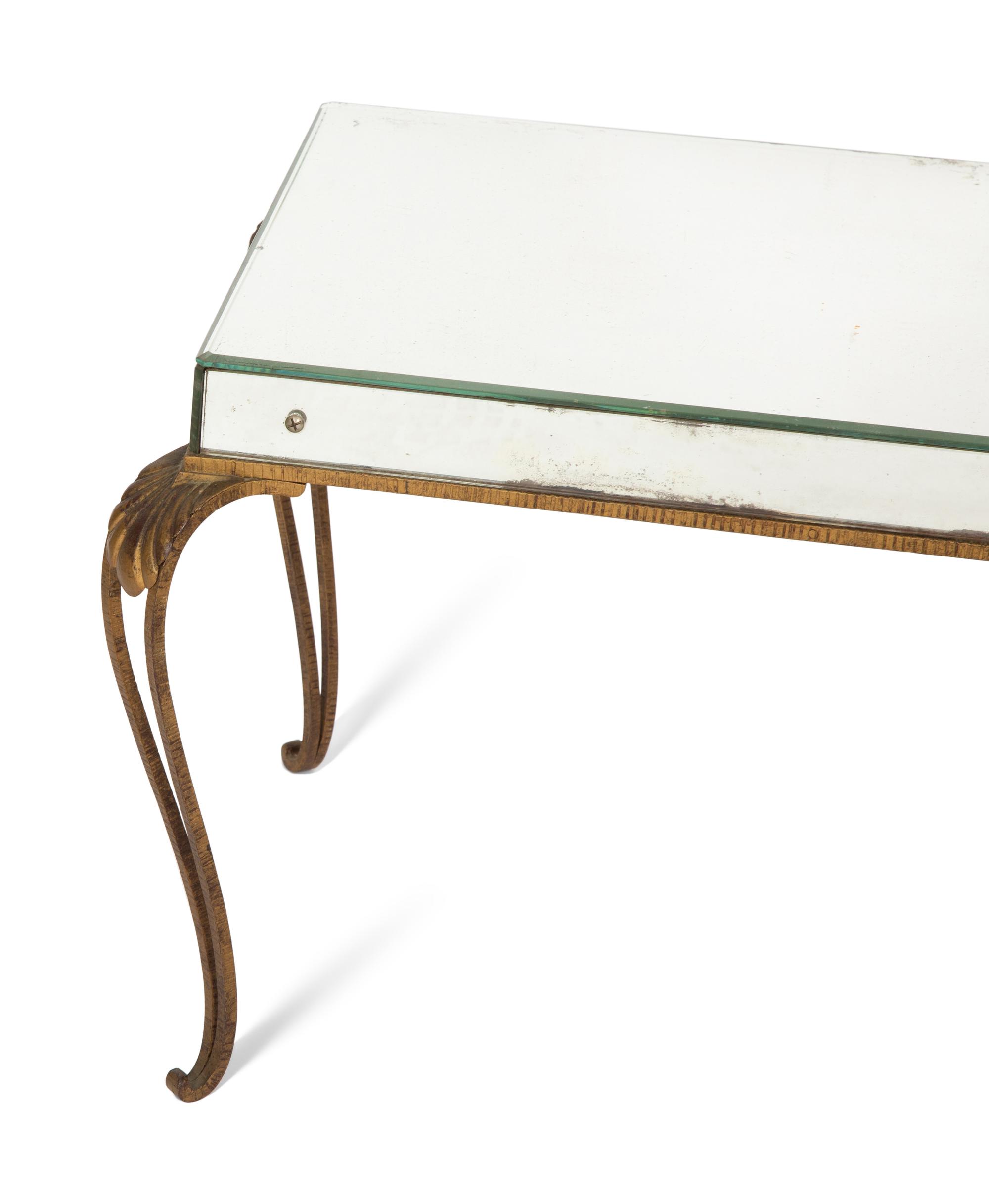 A Mirror and Brass Low Table and Associated Blue Glass and Wrought Iron Occasional Table