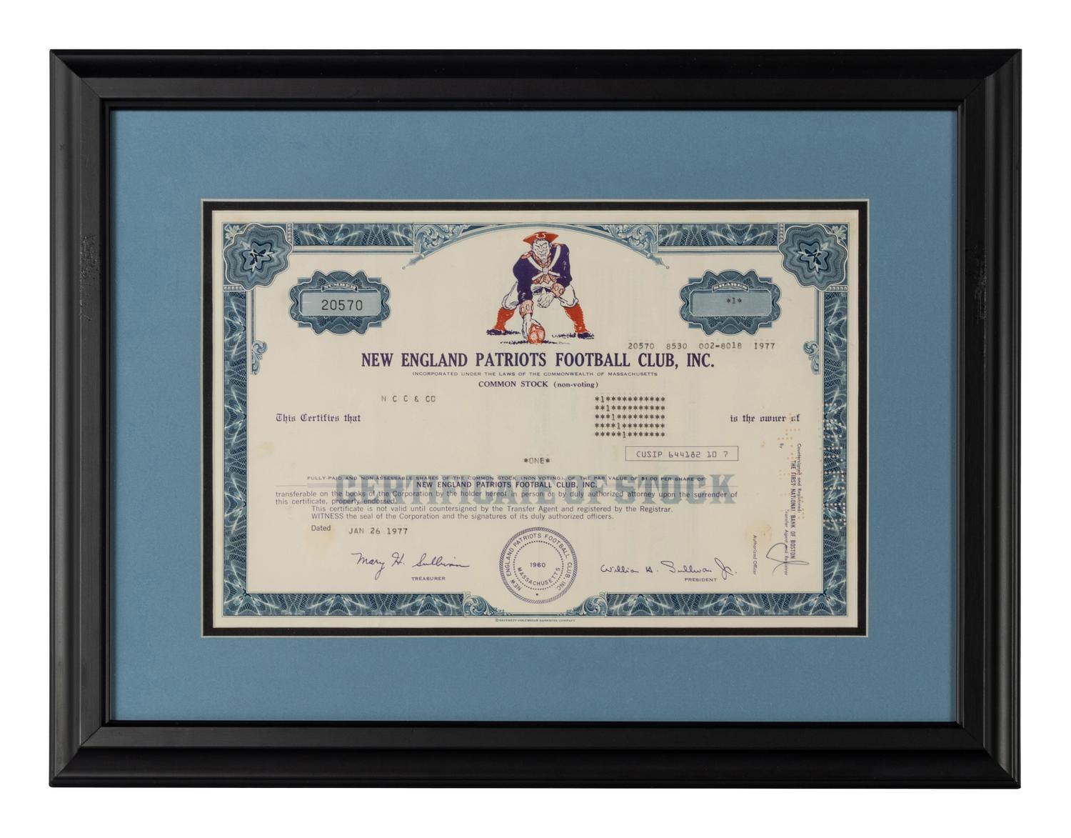 A 1977 New England Patriots Stock Certificate,