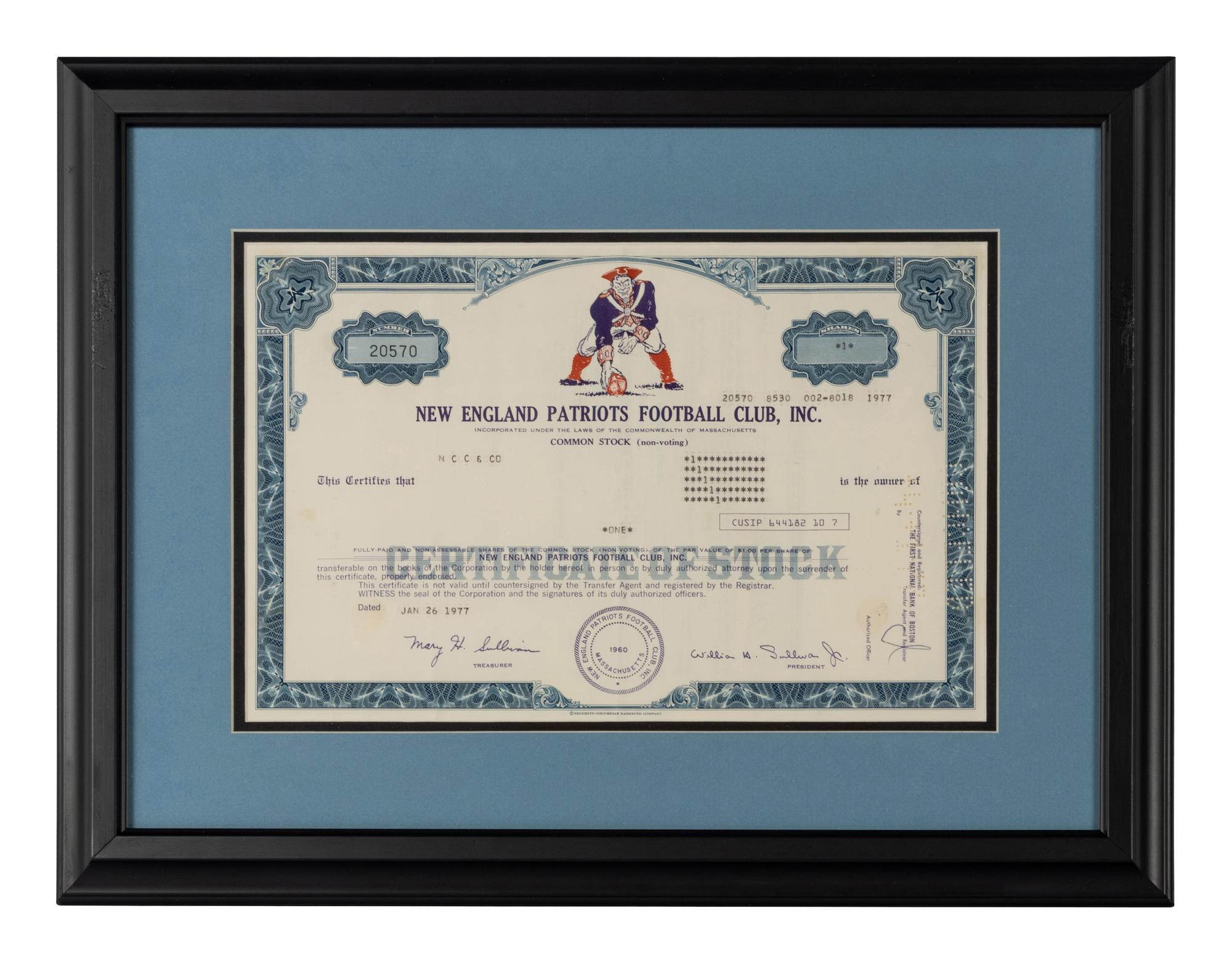 A 1977 New England Patriots Stock Certificate,