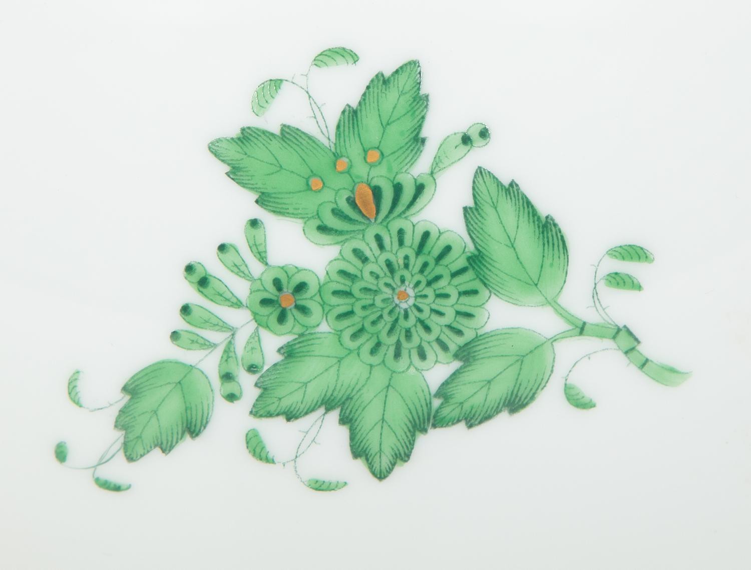 A Group of Three Herend Chinese Bouquet Green Porcelain Articles