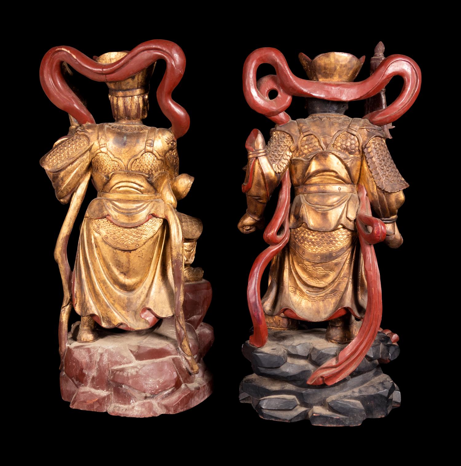 Two Large Gilt and Red Lacquered Wood Figures of Guardians