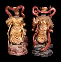 Two Large Gilt and Red Lacquered Wood Figures of Guardians