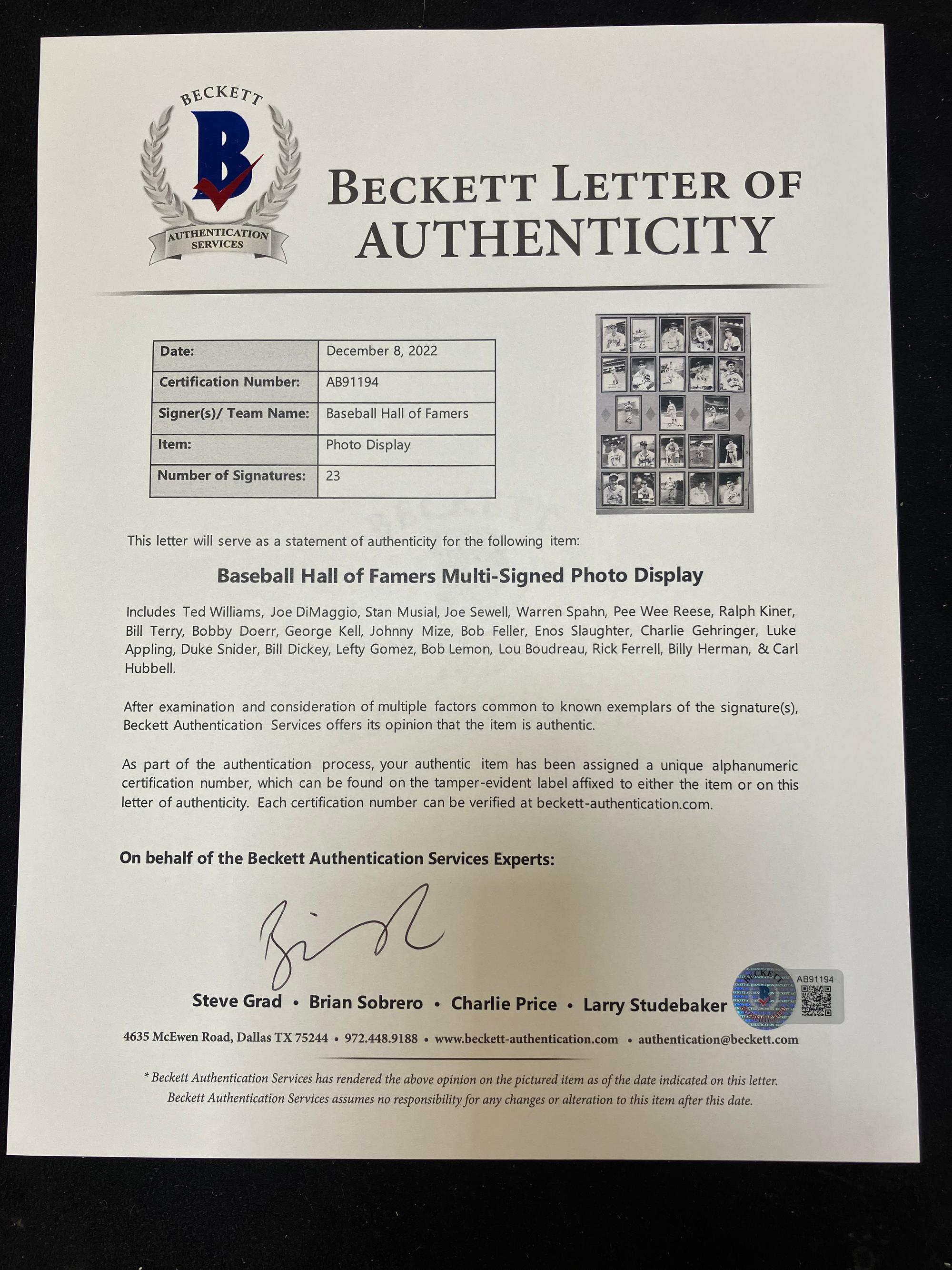 An Impressive Baseball Hall of Fame Signed Autograph Display - 23 Signatures Including Joe DiMaggio and Ted Williams (Beckett Authentication Services Letter),
