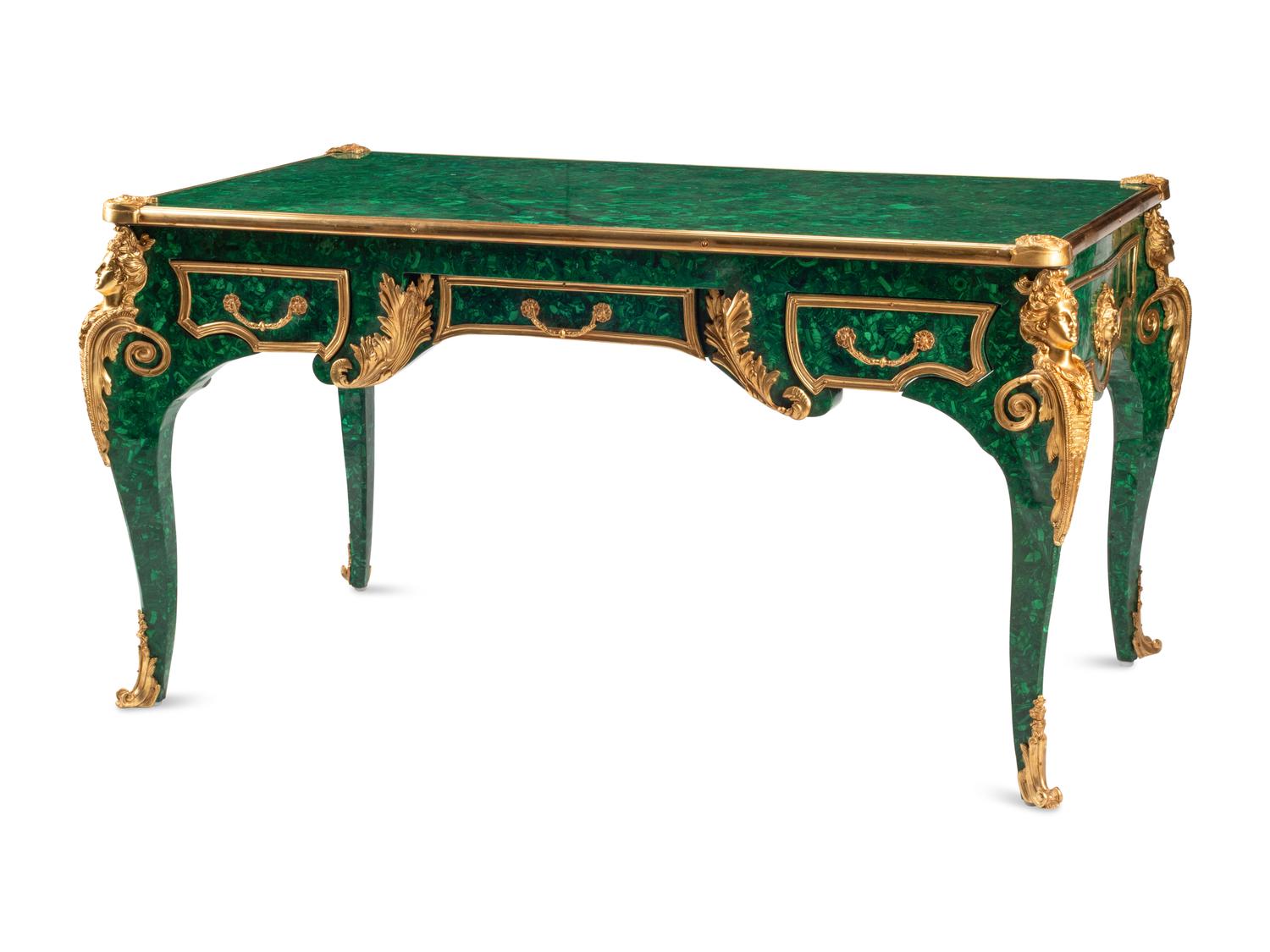 A Louis XV Style Gilt Bronze Mounted Malachite-Veneered Bureau Plat
