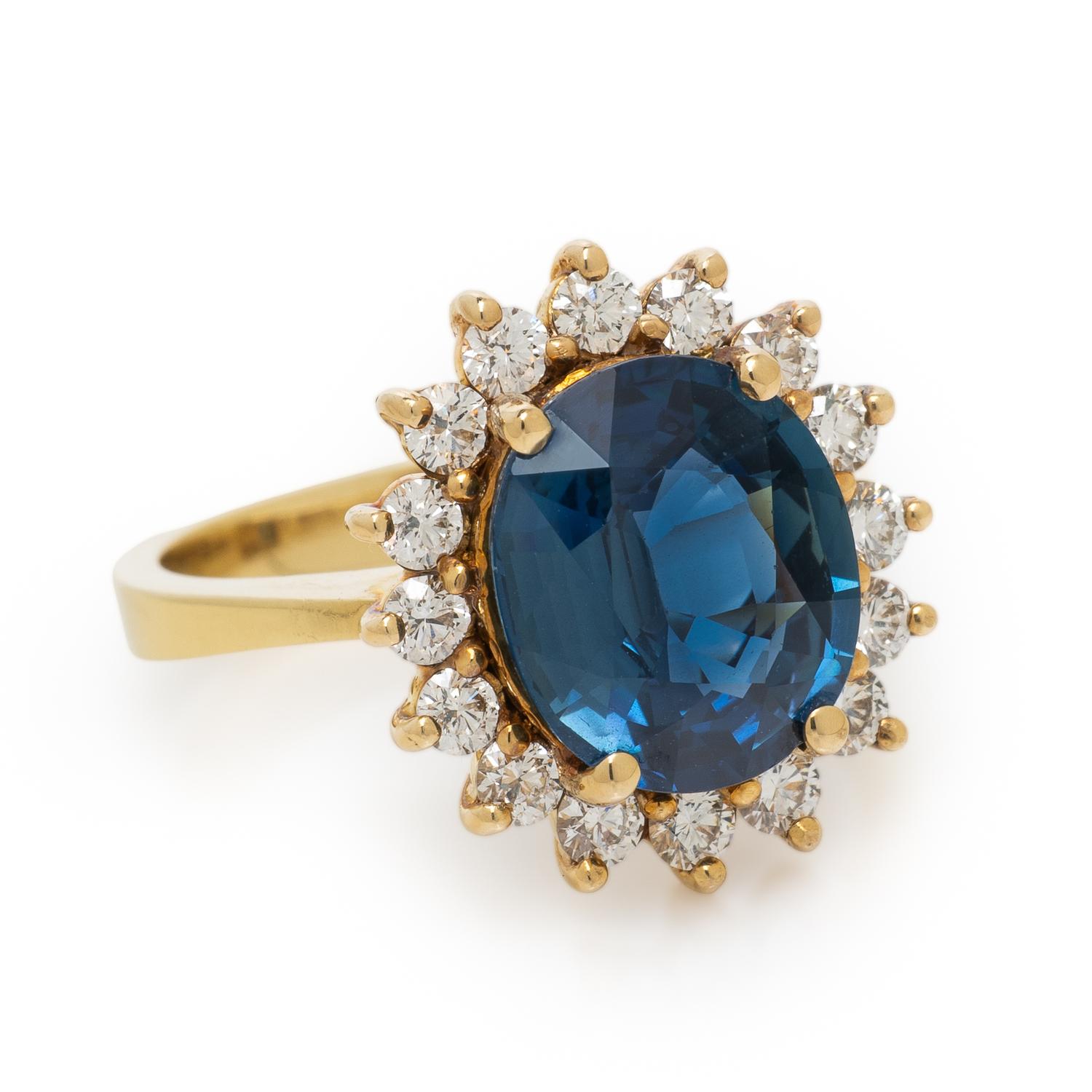 SAPPHIRE, DIAMOND, AND YELLOW GOLD RING