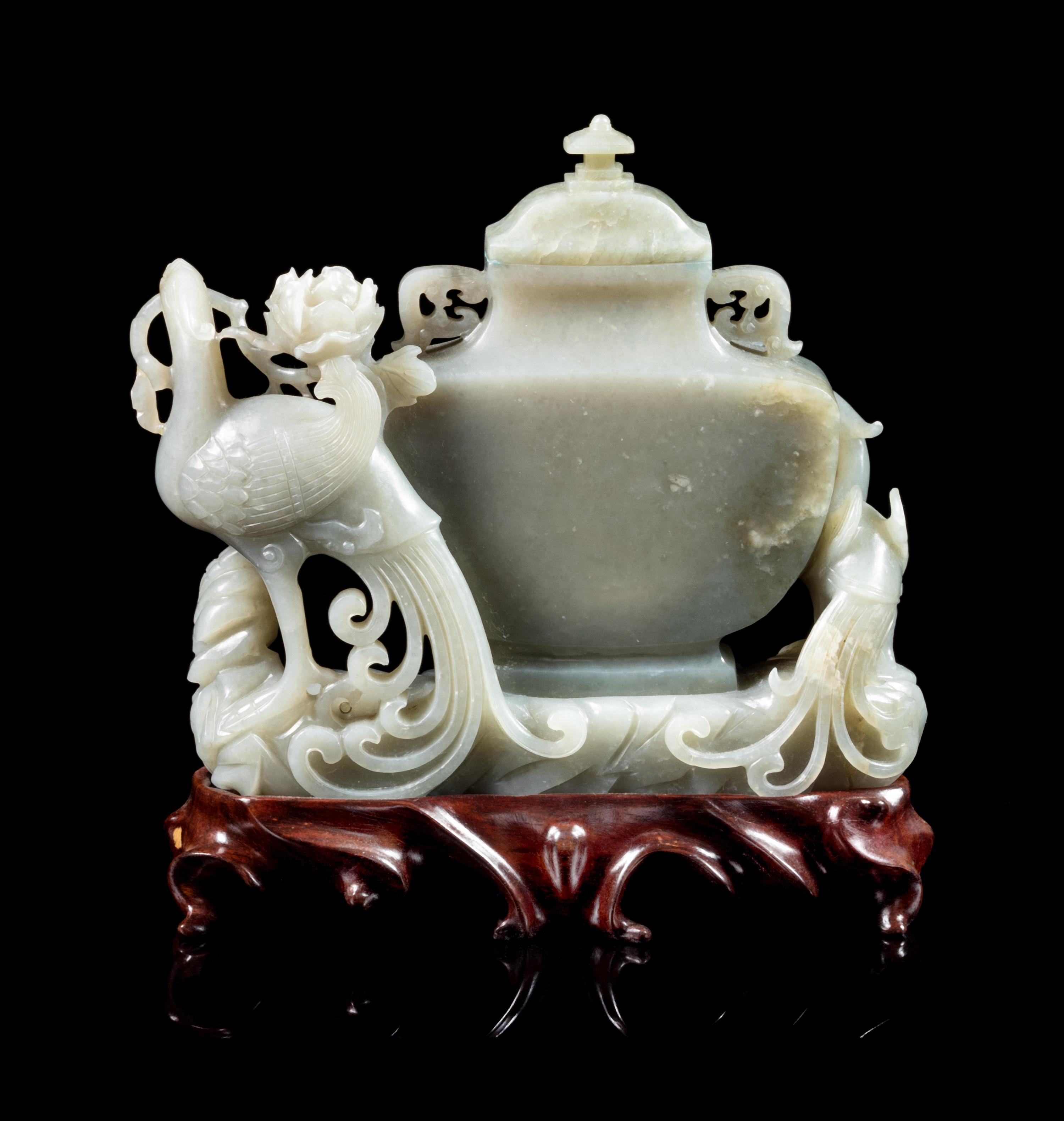 A Celadon Jade Covered Vase Height 5 1/2 inches. — 19TH/20TH CENTURY