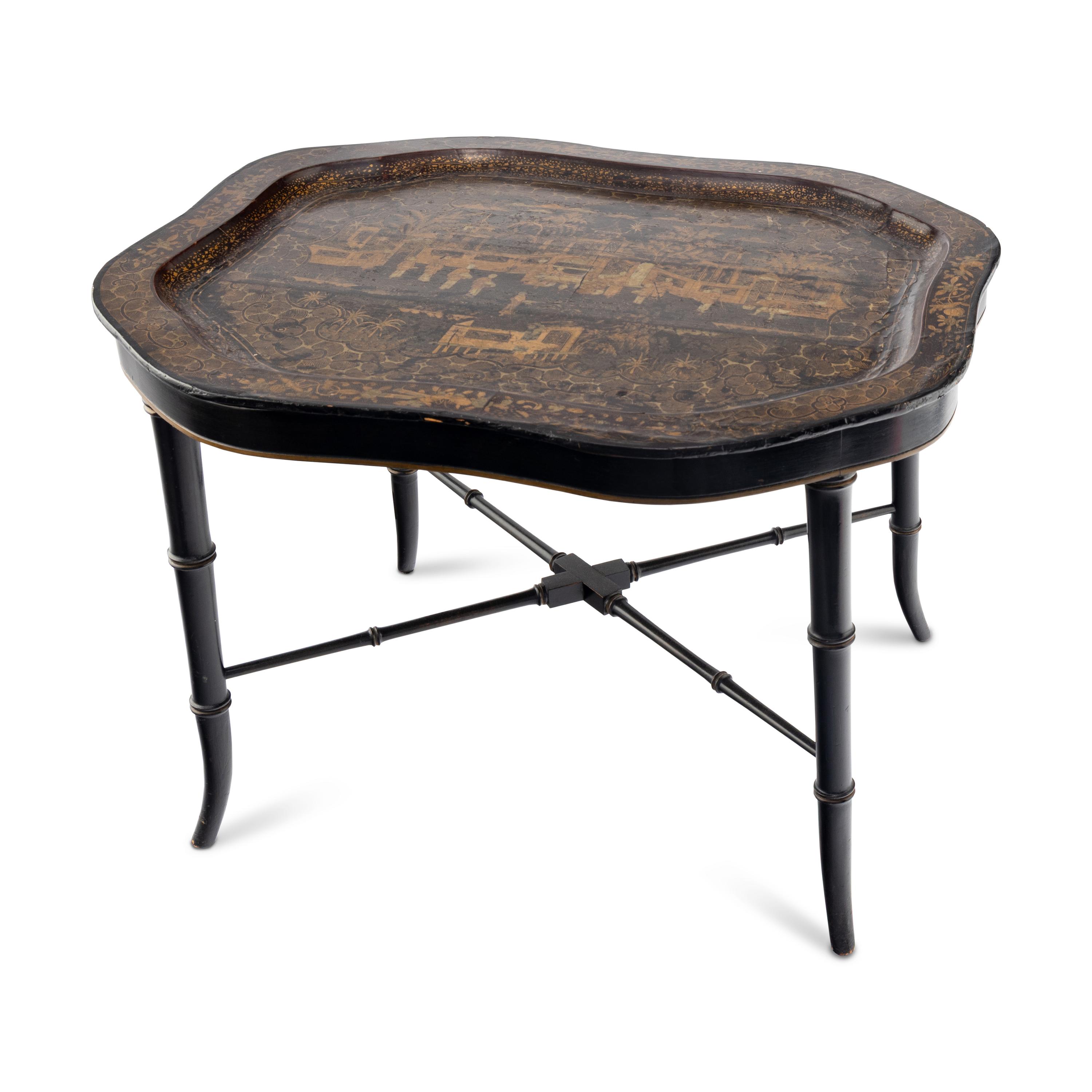 A Chinese Export Papier Mache Tray on Stand