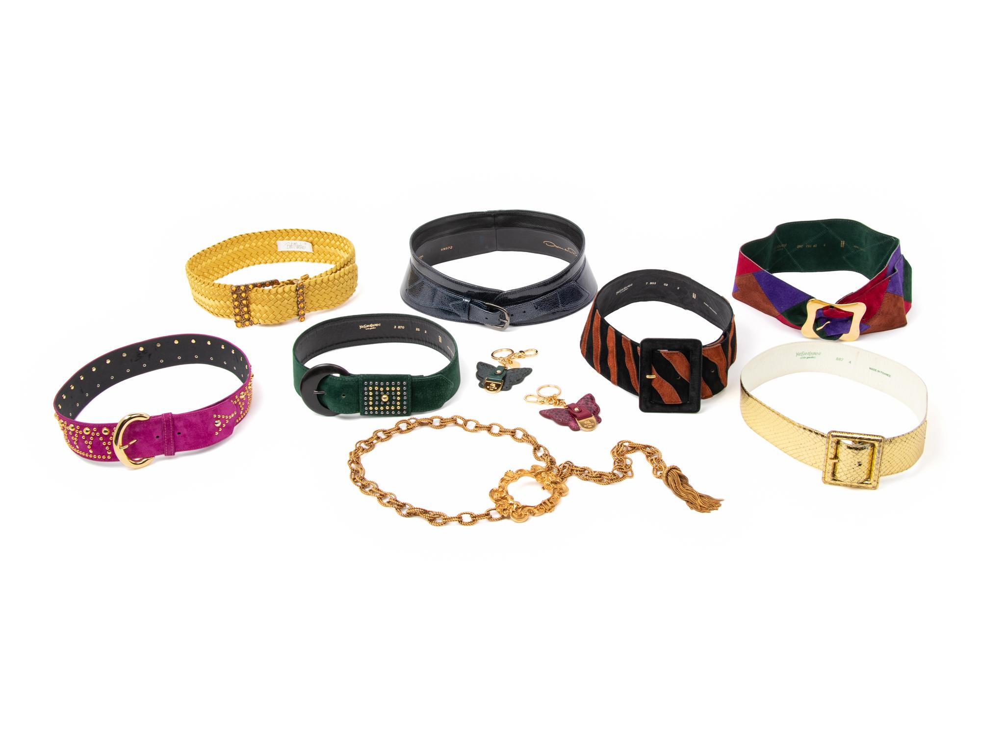 Eight Designer Belts by YSL, Oscar de la Renta, Bob Mackie and Two Etro Butterfly Keychains