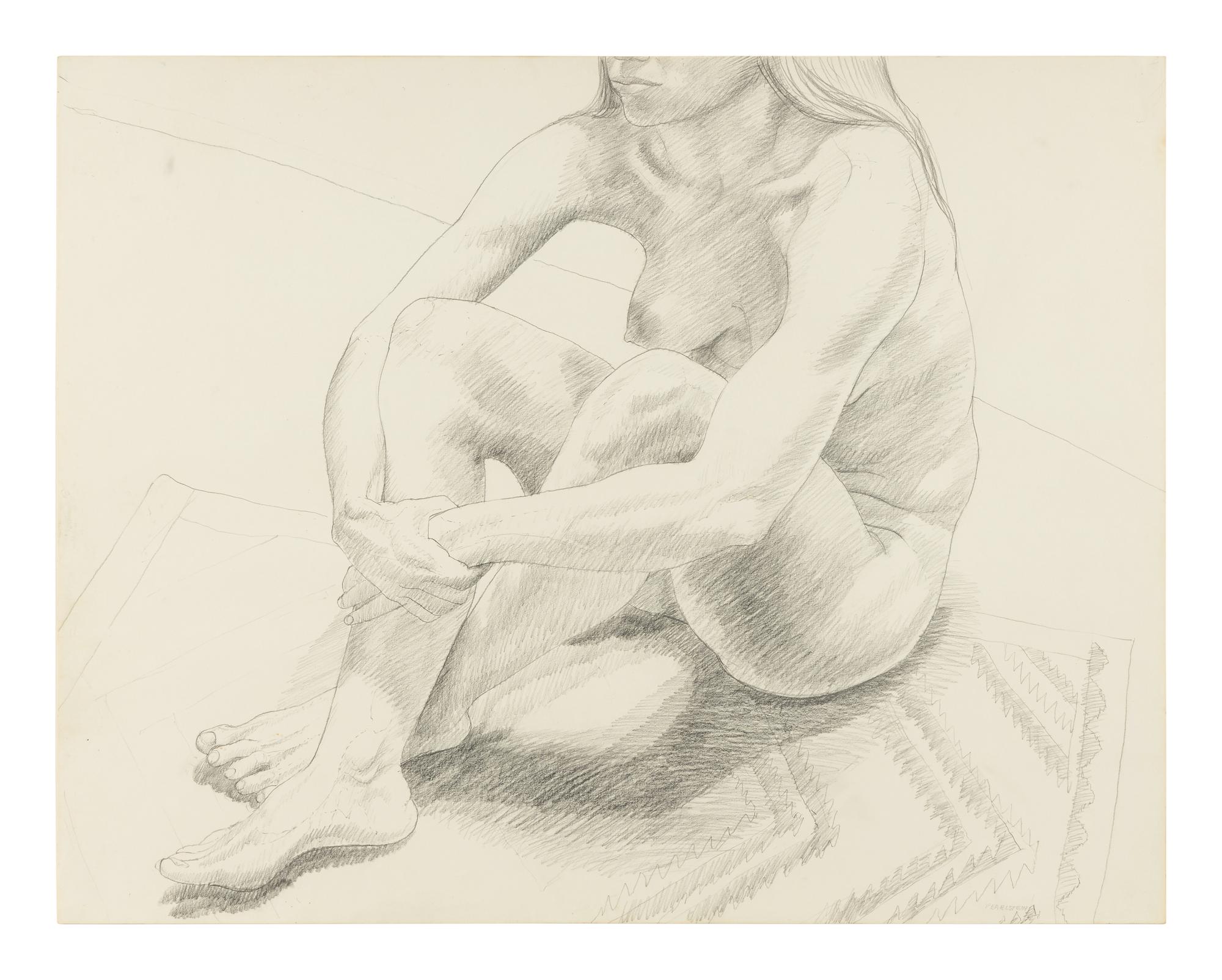 Nude Female Seated on Floor with Legs Crossed
