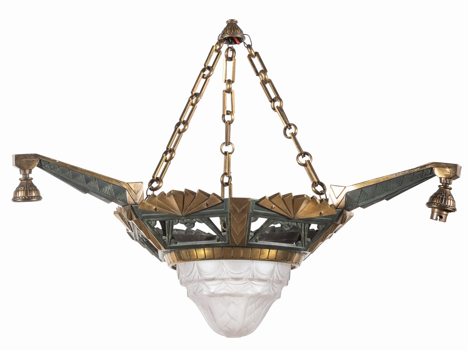An Art Deco Gilt Metal and Frosted Glass Chandelier