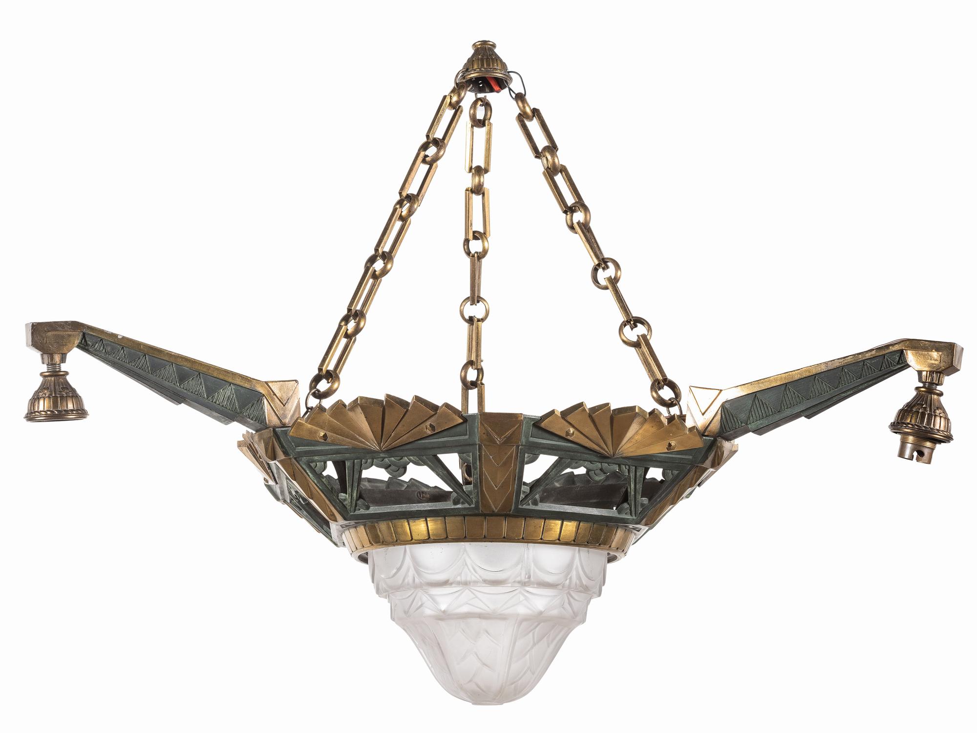 An Art Deco Gilt Metal and Frosted Glass Chandelier