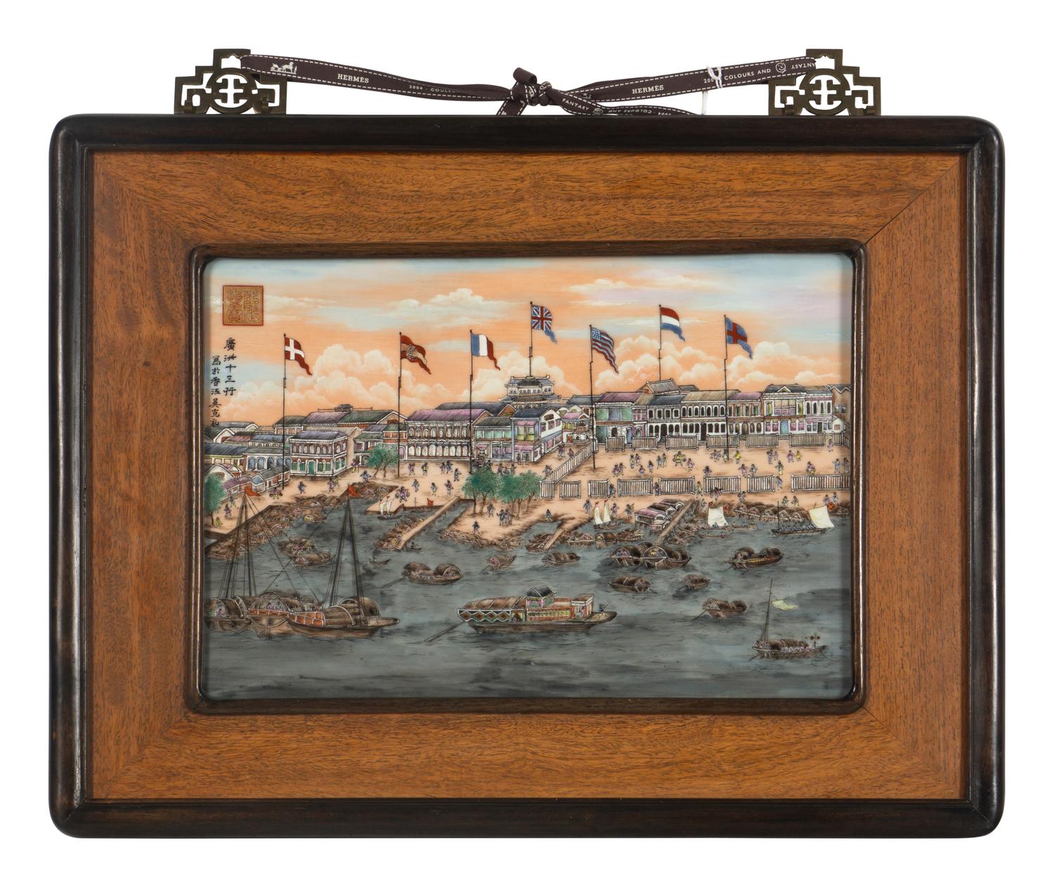 A Chinese Export Painted Plaque Depicting the Quay of Canton