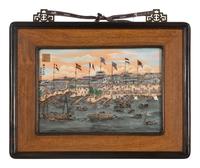 A Chinese Export Painted Plaque Depicting the Quay of Canton