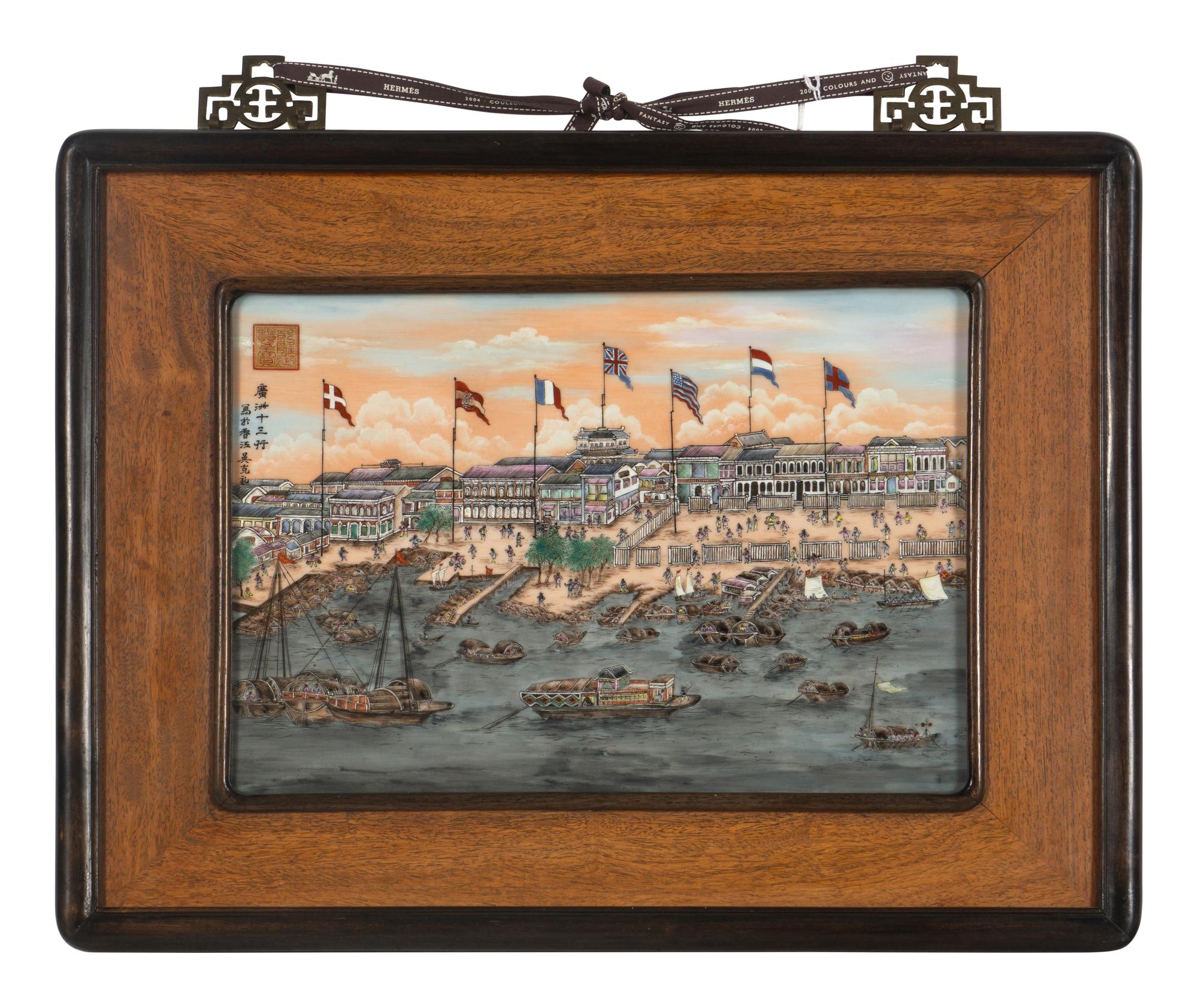 A Chinese Export Painted Plaque Depicting the Quay of Canton
