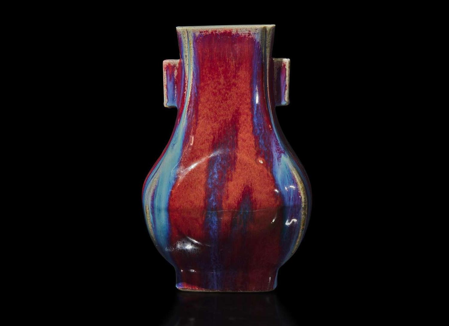 A Chinese flambe-glazed vase, Fanghu, Qianlong six-character incised seal mark 窯變釉方壺 乾隆六字款
