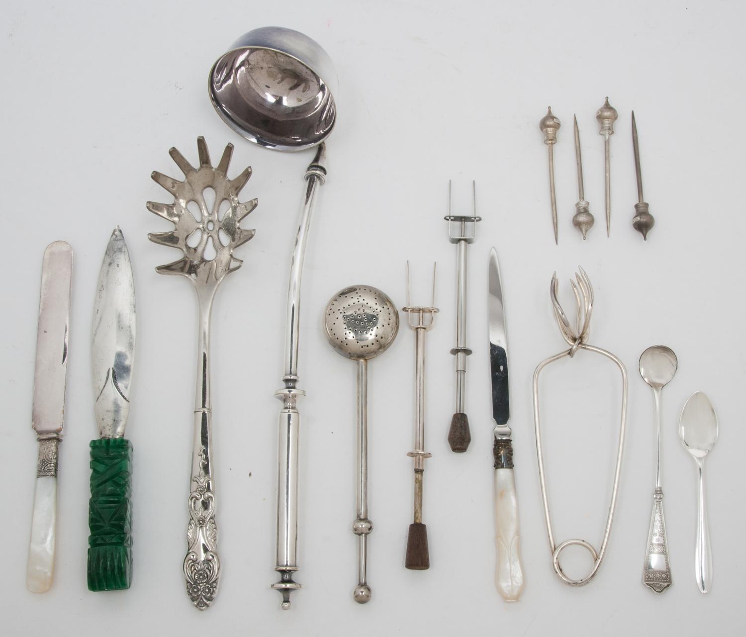 A Large Group of Silver-Plate Articles, , comprising: 1 ladle 1 pasta spoon 1 ice pick 1 tea strainer 5 teaspoons 2 letter openers 2 pu