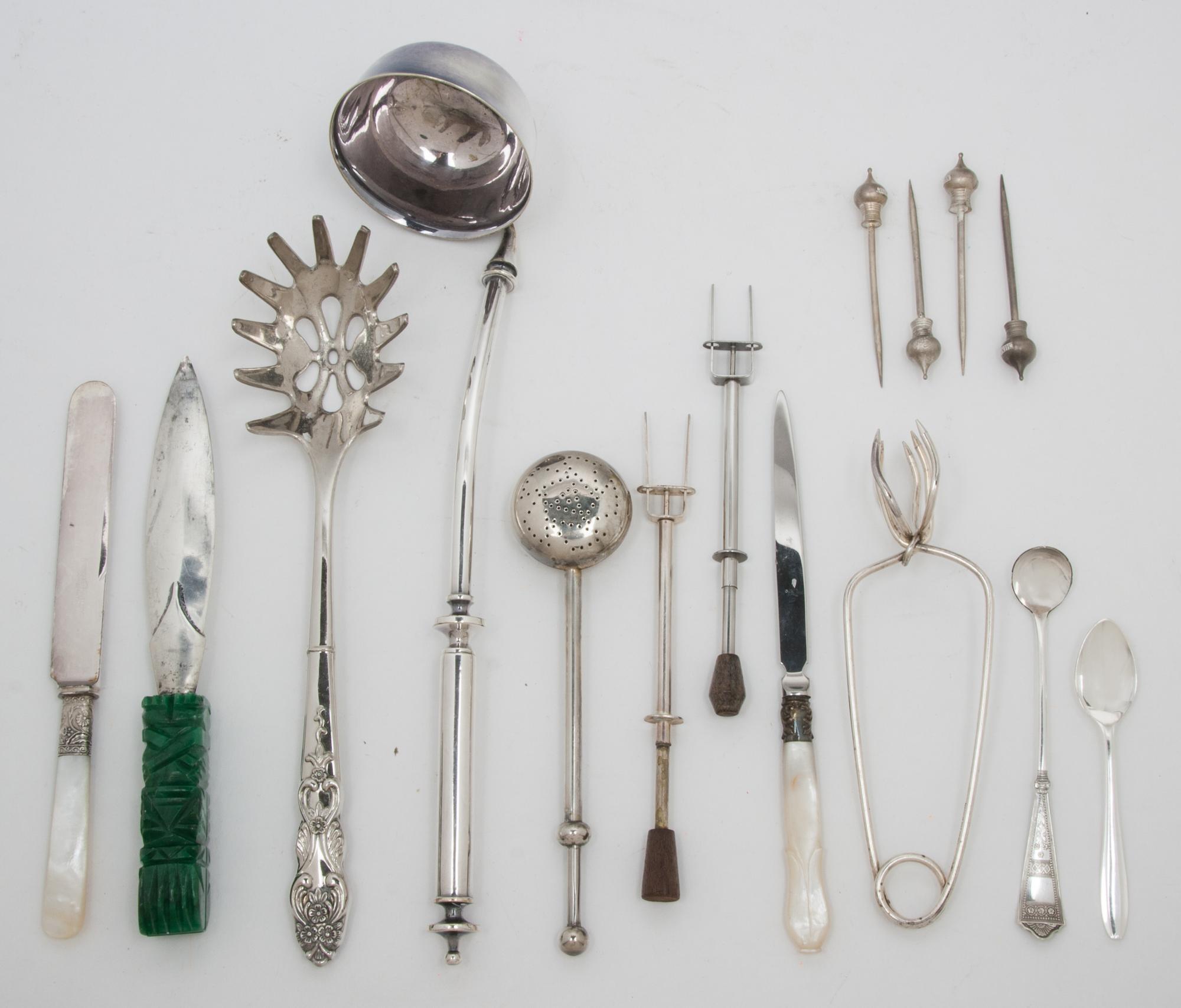 A Large Group of Silver-Plate Articles, , comprising: 1 ladle 1 pasta spoon 1 ice pick 1 tea strainer 5 teaspoons 2 letter openers 2 pu