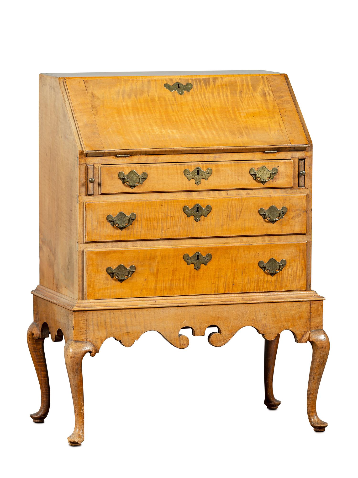 A Diminutive Queen Anne Style Tiger Maple Desk on Stand