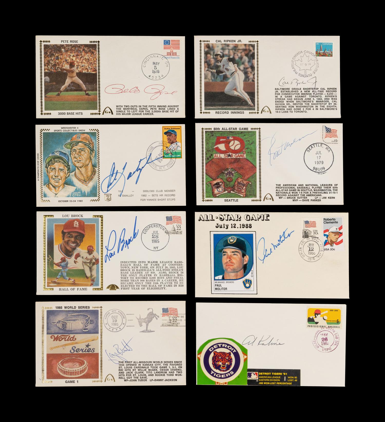 A Group of Eight 3,000 Hit Club Signed Autograph Cachet Envelopes,