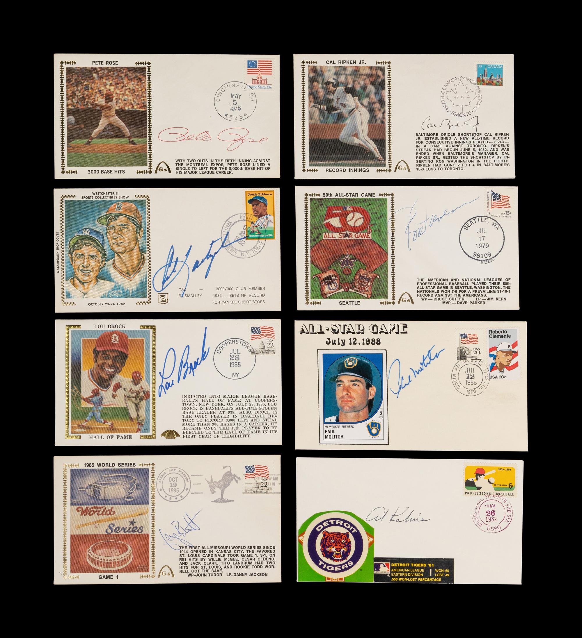 A Group of Eight 3,000 Hit Club Signed Autograph Cachet Envelopes,