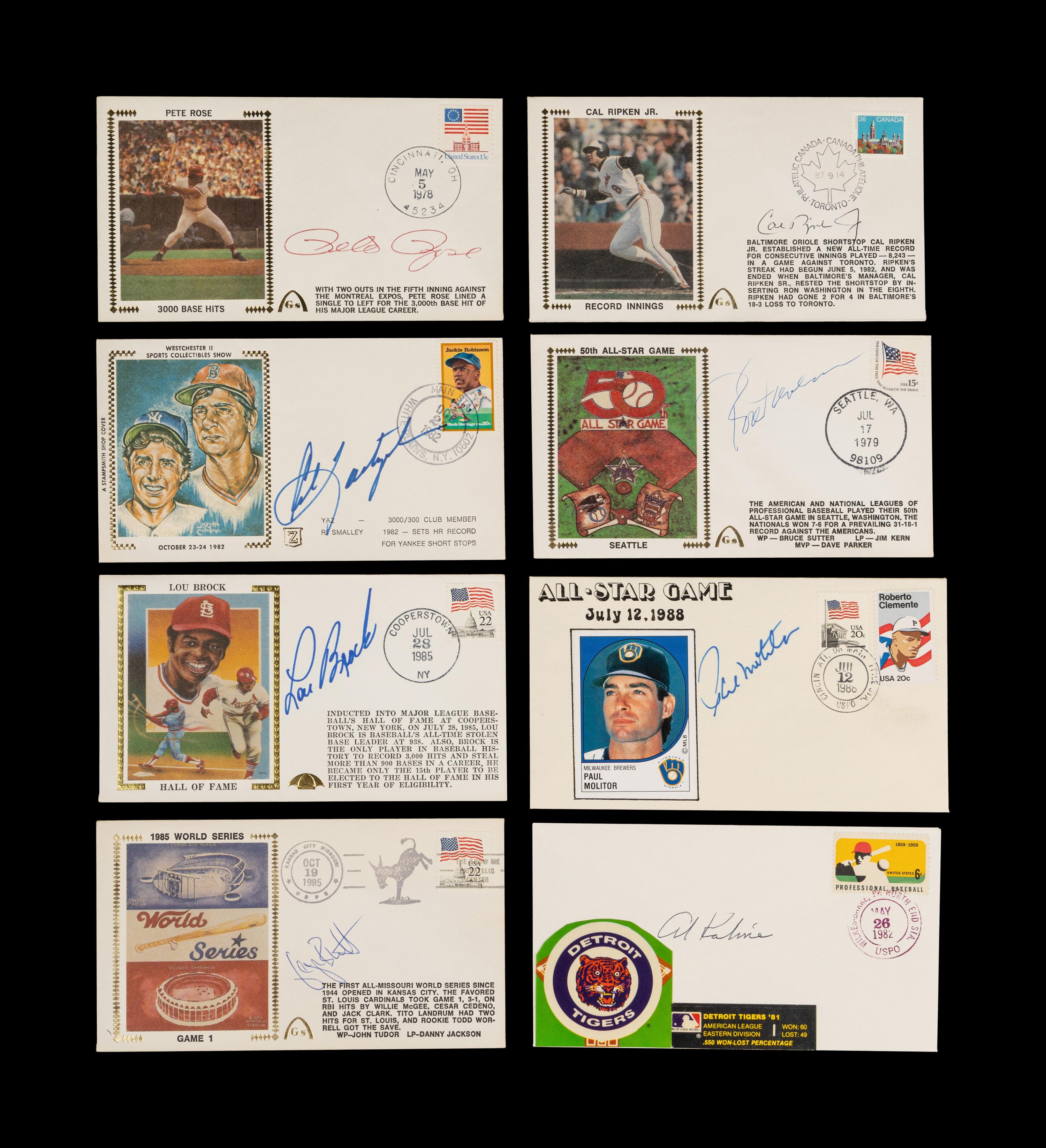 A Group of Eight 3,000 Hit Club Signed Autograph Cachet Envelopes,