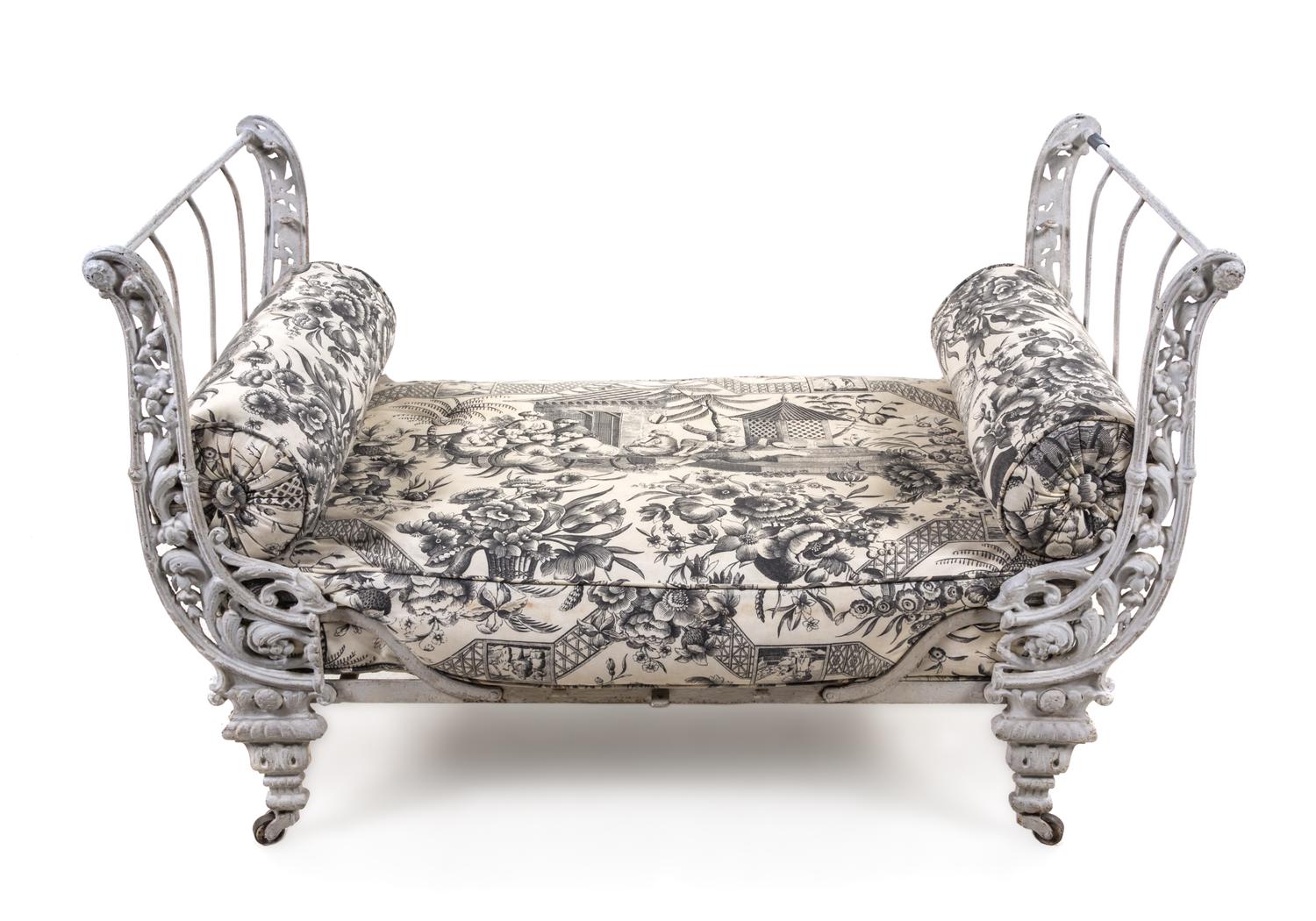 A French Painted Iron Daybed Height 30 x width 46 1/2 x depth 23 5/8 inches. — 19TH CENTURY