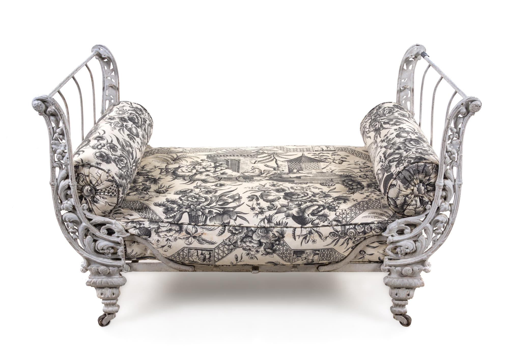 A French Painted Iron Daybed Height 30 x width 46 1/2 x depth 23 5/8 inches. — 19TH CENTURY