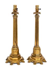 A Pair of Gothic Revival Gilt Metal Table Lamps
