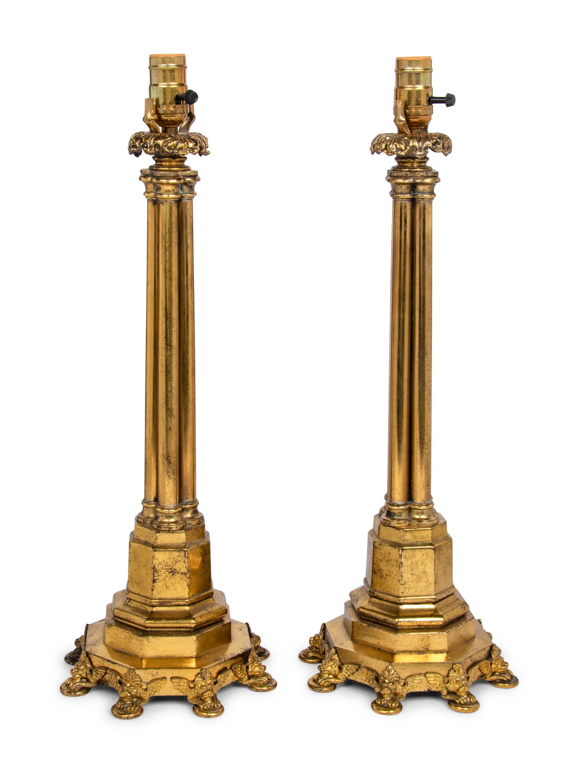 A Pair of Gothic Revival Gilt Metal Table Lamps