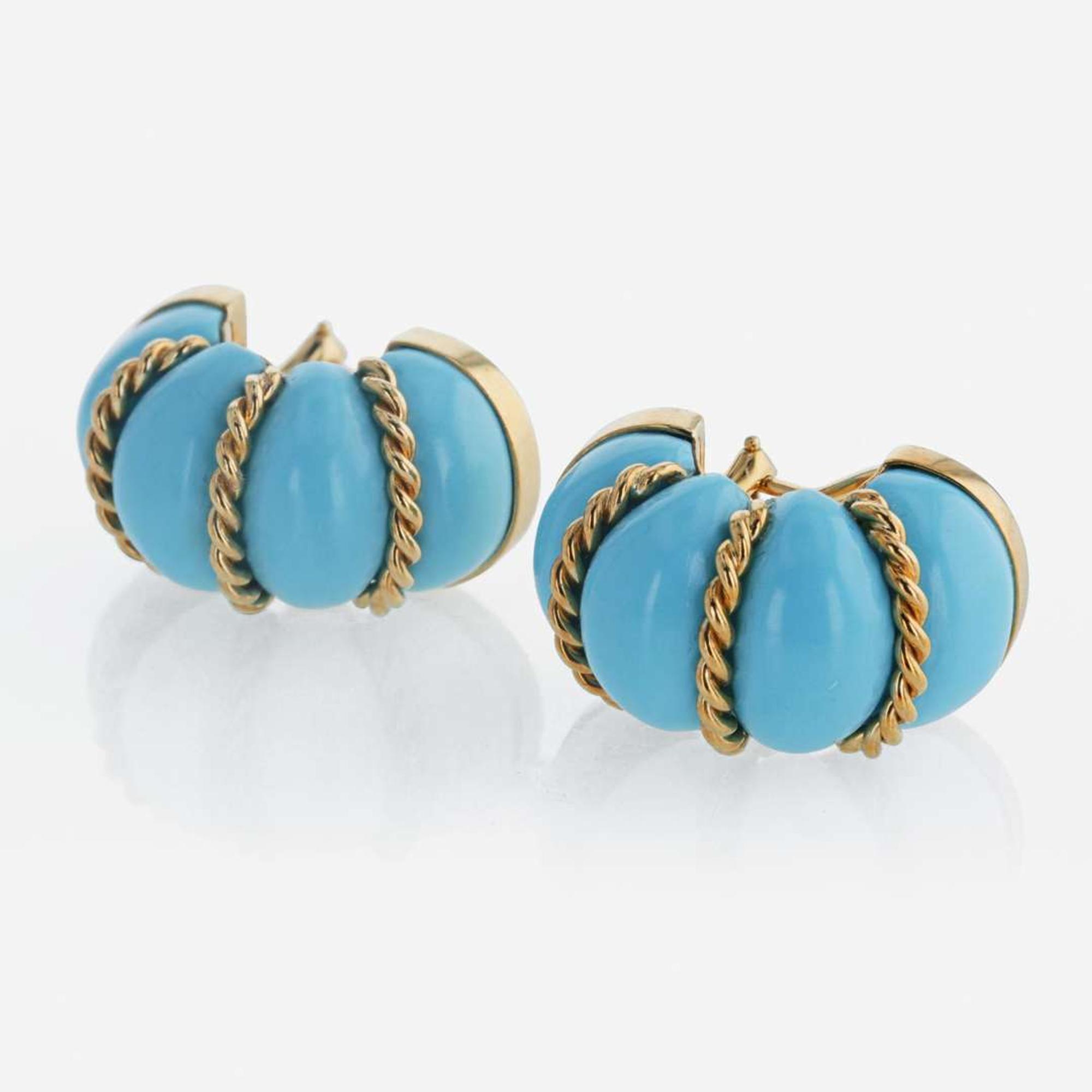 A pair of 18K yellow gold and turquoise ear clips, Seaman Schepps Shrimp