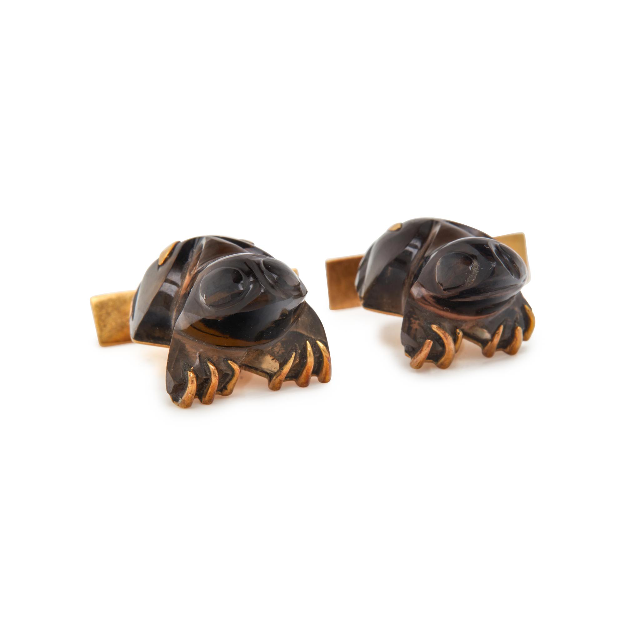 YELLOW GOLD AND SMOKY QUARTZ FROG CUFFLINKS