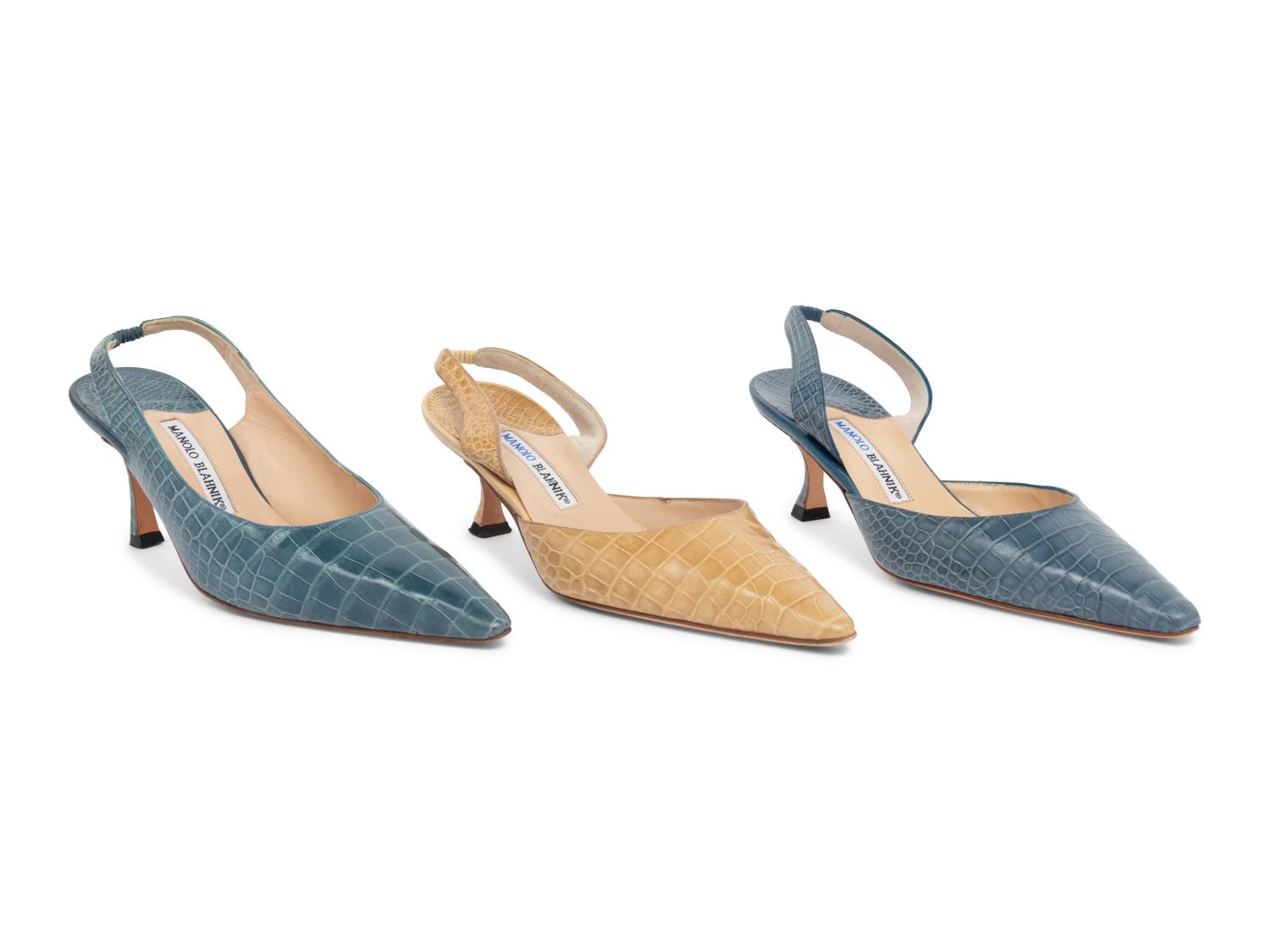 Three Pairs of Manolo Blahnik Exotic Skin Shoes
