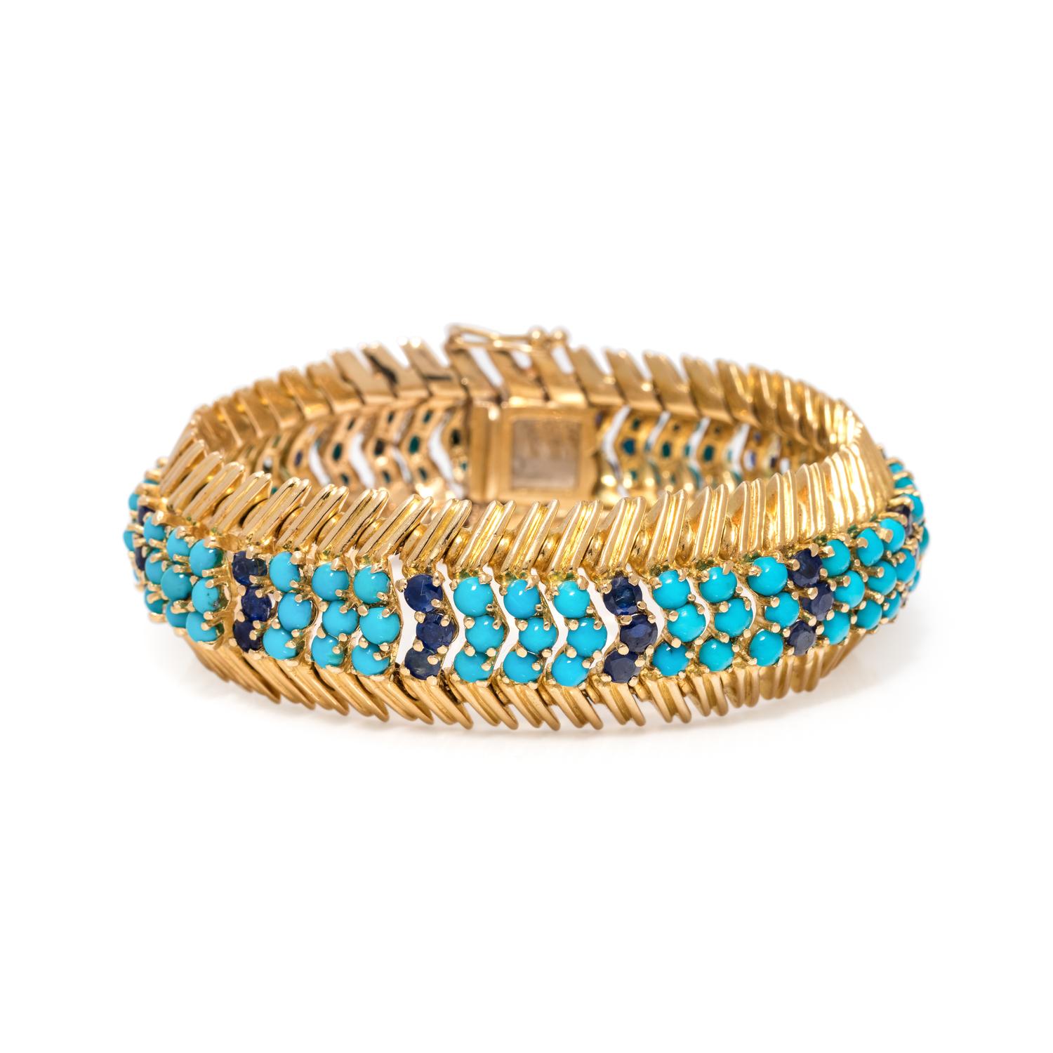 VINTAGE, YELLOW GOLD, TURQUOISE AND SAPPHIRE BRACELET