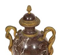 A Pair of Italian Gilt Bronze Mounted Rosso Levanto Marble Urns with Snake Handles