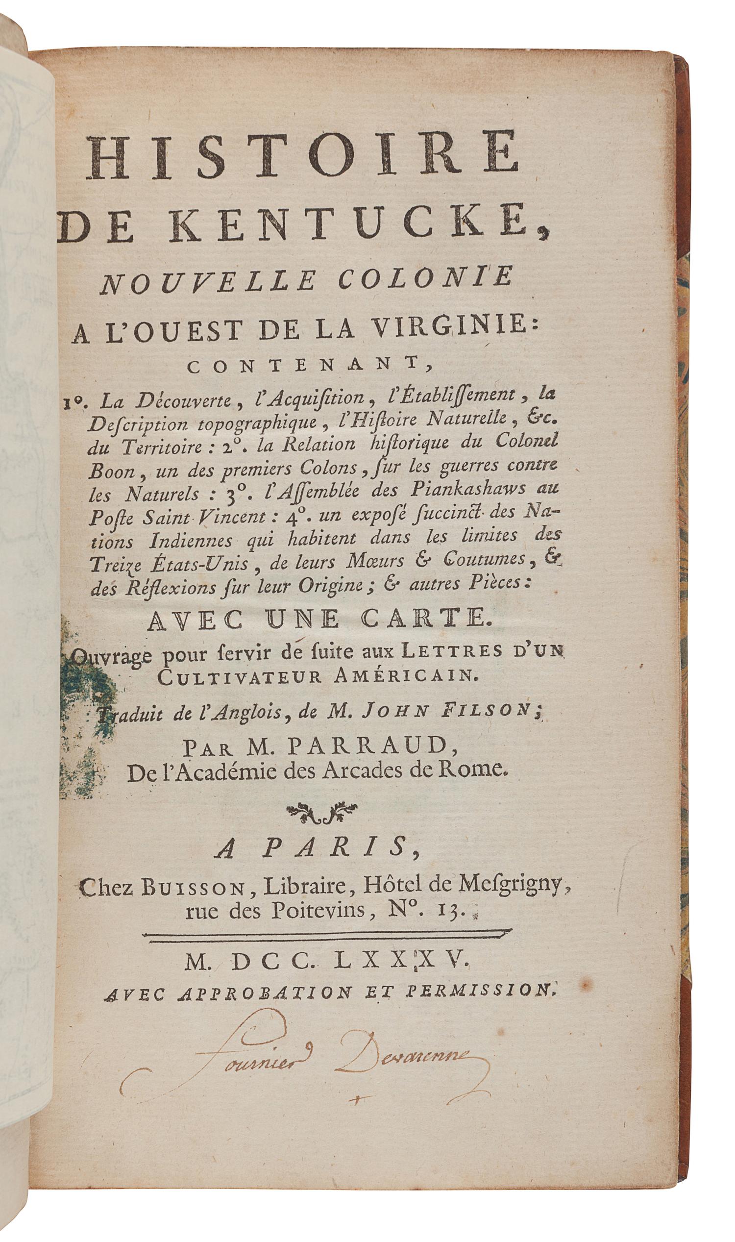 FILSON, John (ca 1747-1788). Histoire de Kentucke, Nouvelle Colonie a l'oueste de la Virginie. Paris: Chez Buisson, 1785.