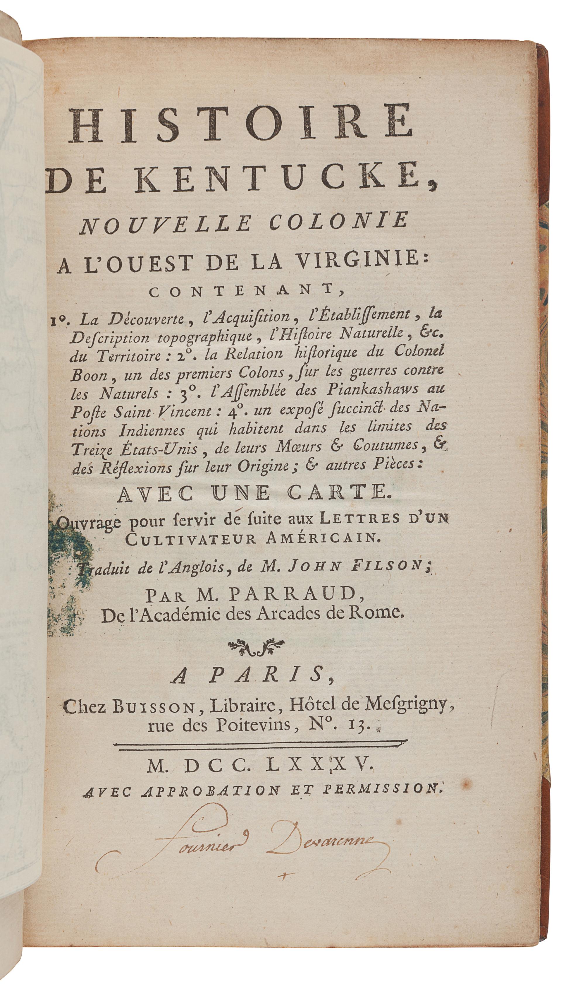 FILSON, John (ca 1747-1788). Histoire de Kentucke, Nouvelle Colonie a l'oueste de la Virginie. Paris: Chez Buisson, 1785.