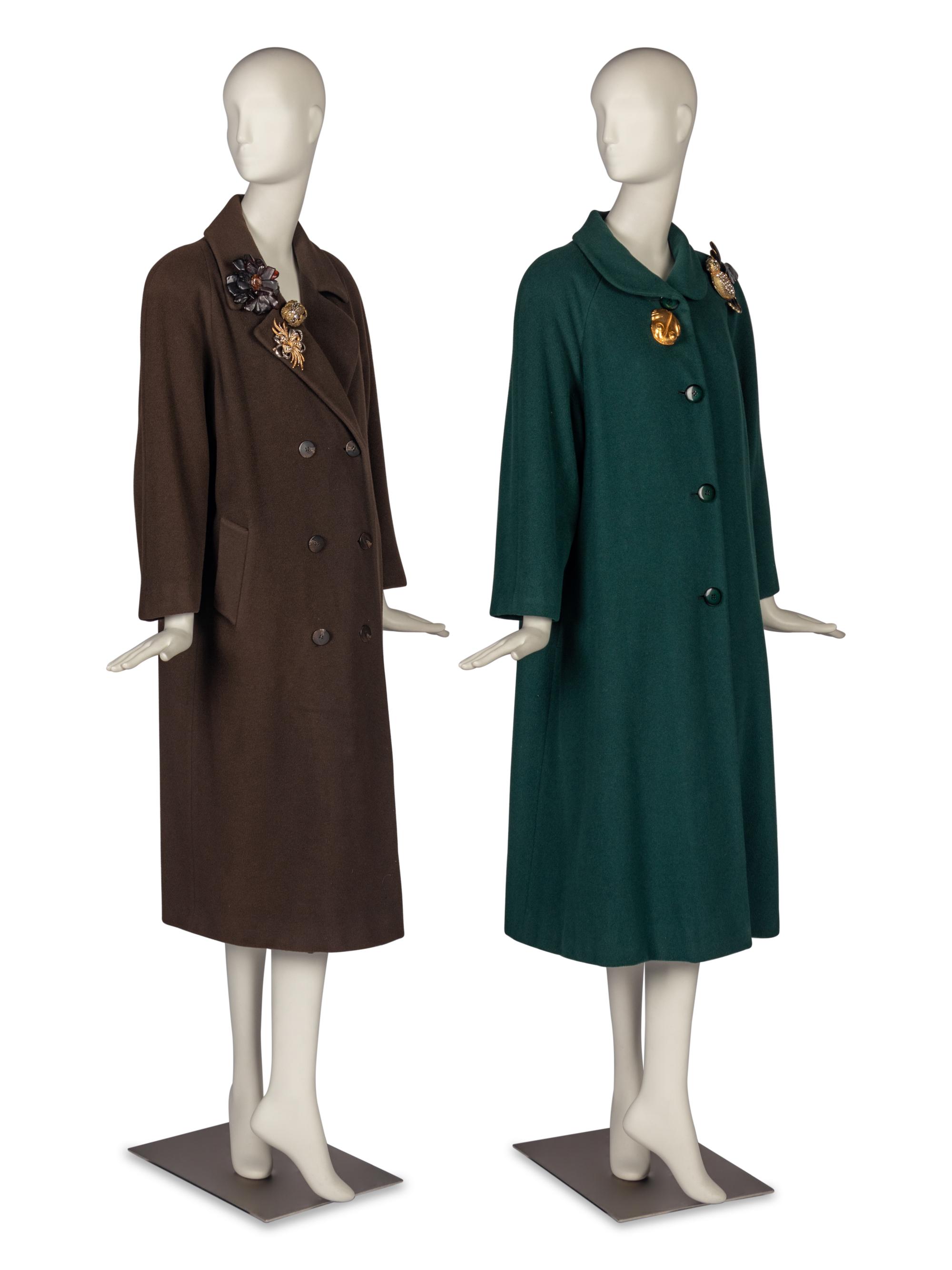 Two Rizik Brothers Winter Coats with a Collection of Brooches