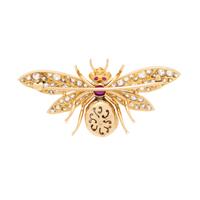 VICTORIAN, DIAMOND, CULTURED PEARL, AND RUBY INSECT BROOCH