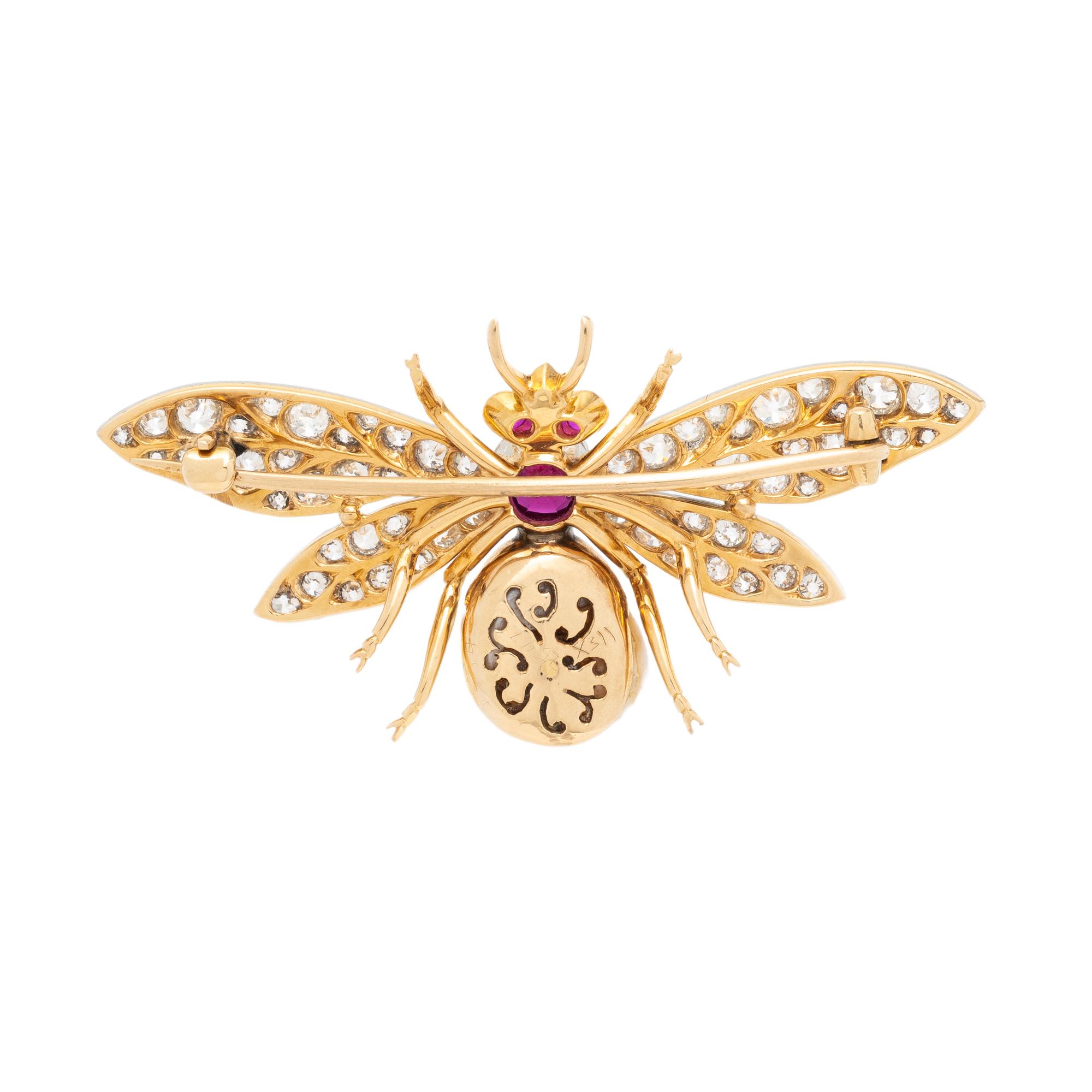 VICTORIAN, DIAMOND, CULTURED PEARL, AND RUBY INSECT BROOCH
