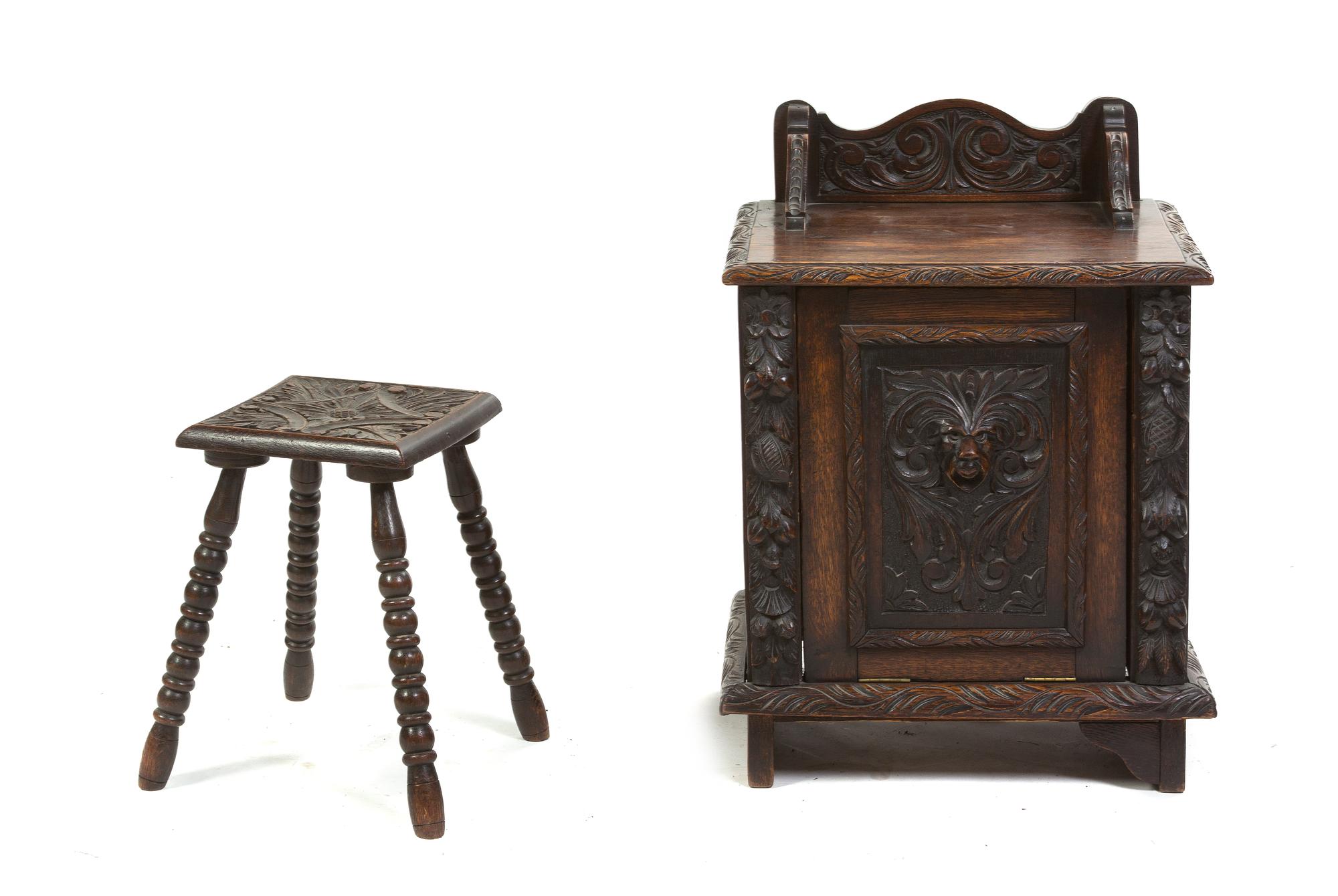 A Renaissance Revival Carved Oak Coal Hod, Height of first 25 3/4 inches.