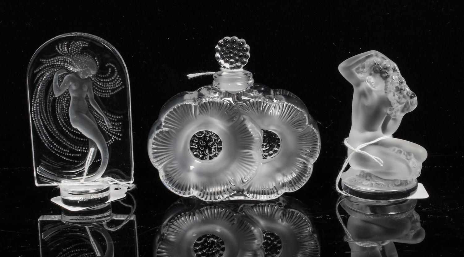 Three Lalique Molded and Frosted Glass Table Articles Height of tallest 3 3/4 inches. — 20TH CENTURY