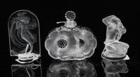 Three Lalique Molded and Frosted Glass Table Articles Height of tallest 3 3/4 inches. — 20TH CENTURY