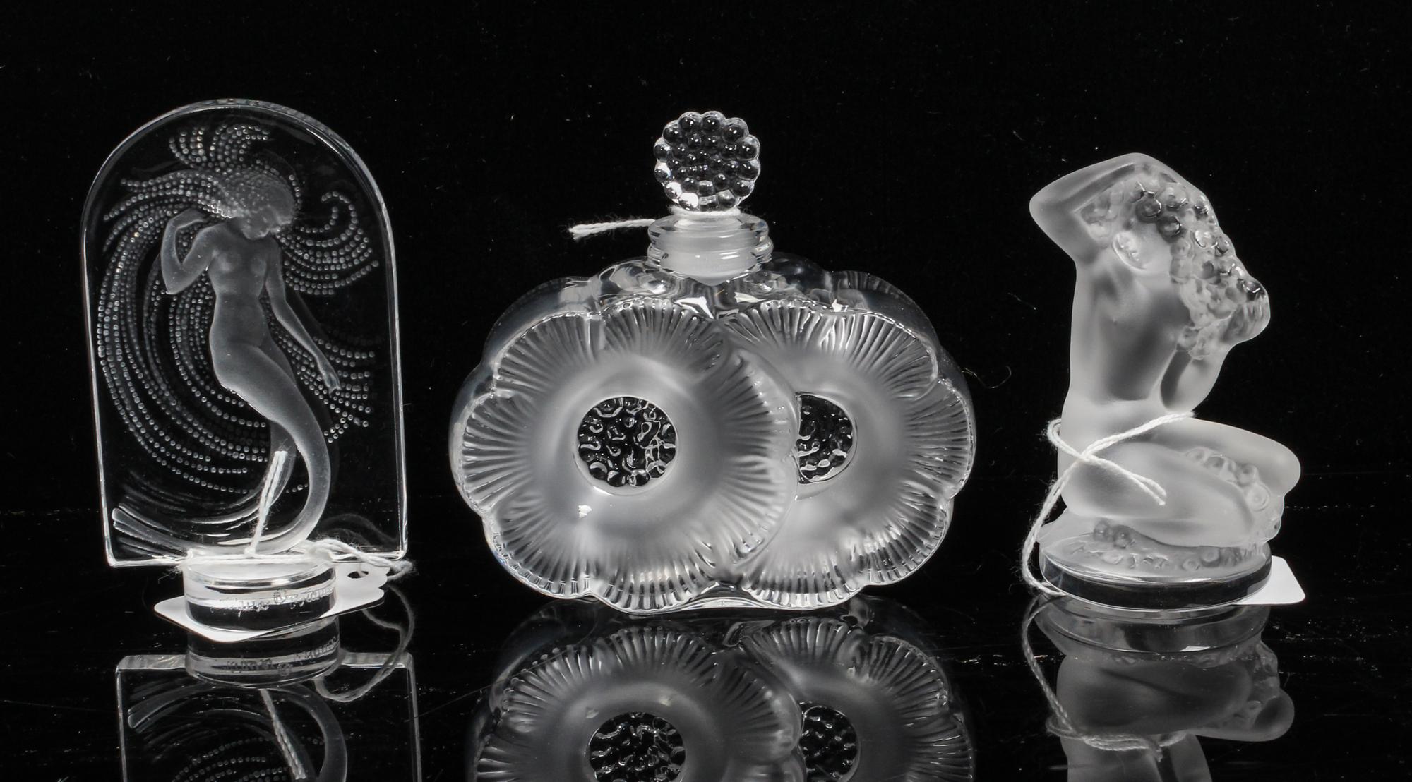 Three Lalique Molded and Frosted Glass Table Articles Height of tallest 3 3/4 inches. — 20TH CENTURY