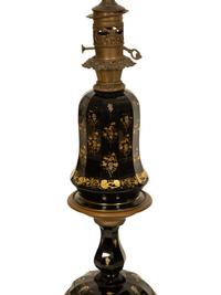 A Pair of Gilt Decorated Black Glass and Gilt Metal Oil Lamps