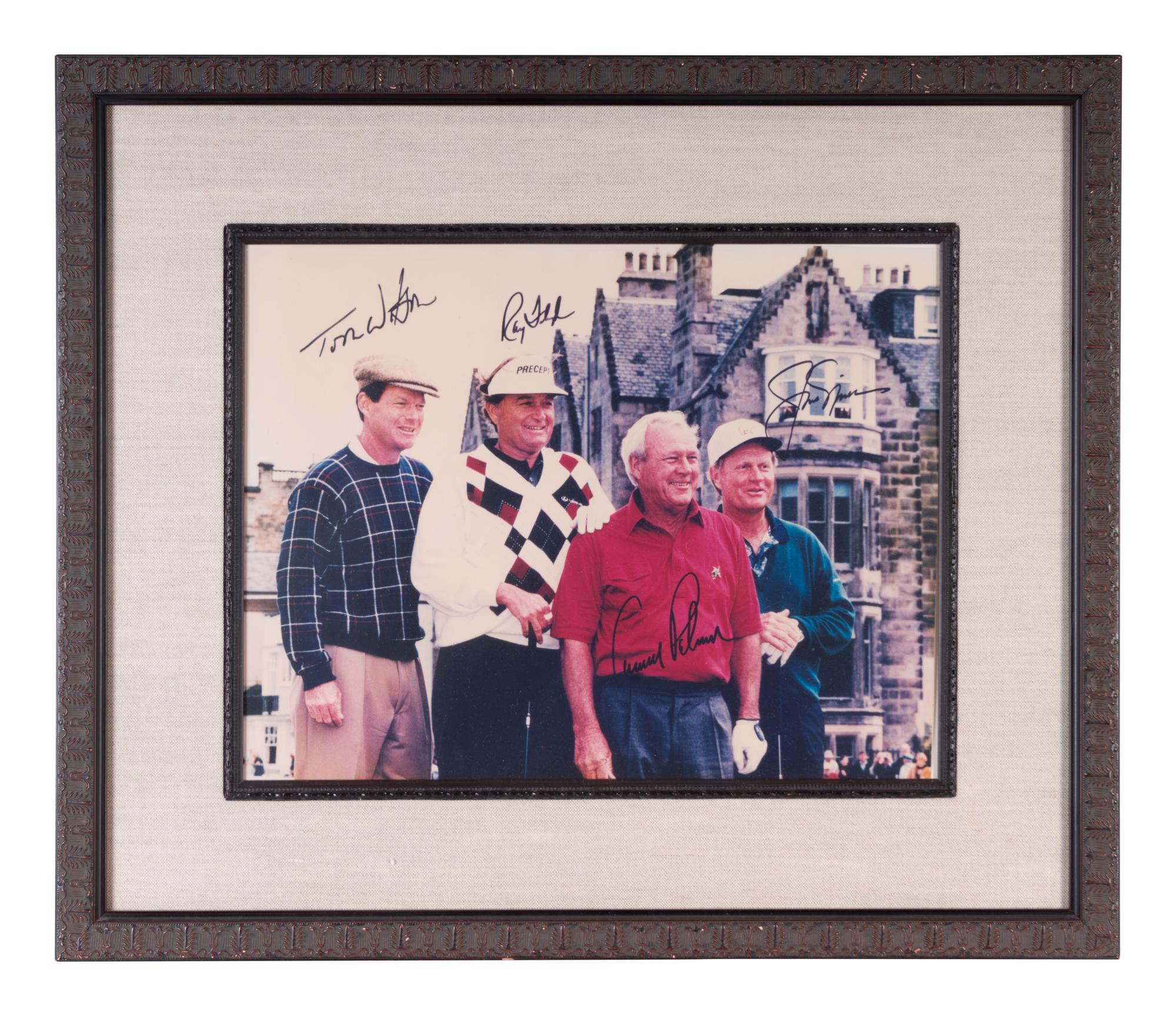 A Jack Nicklaus, Arnold Palmer, Ray Floyd and Tom Watson Signed Autograph British Open Framed Photograph,